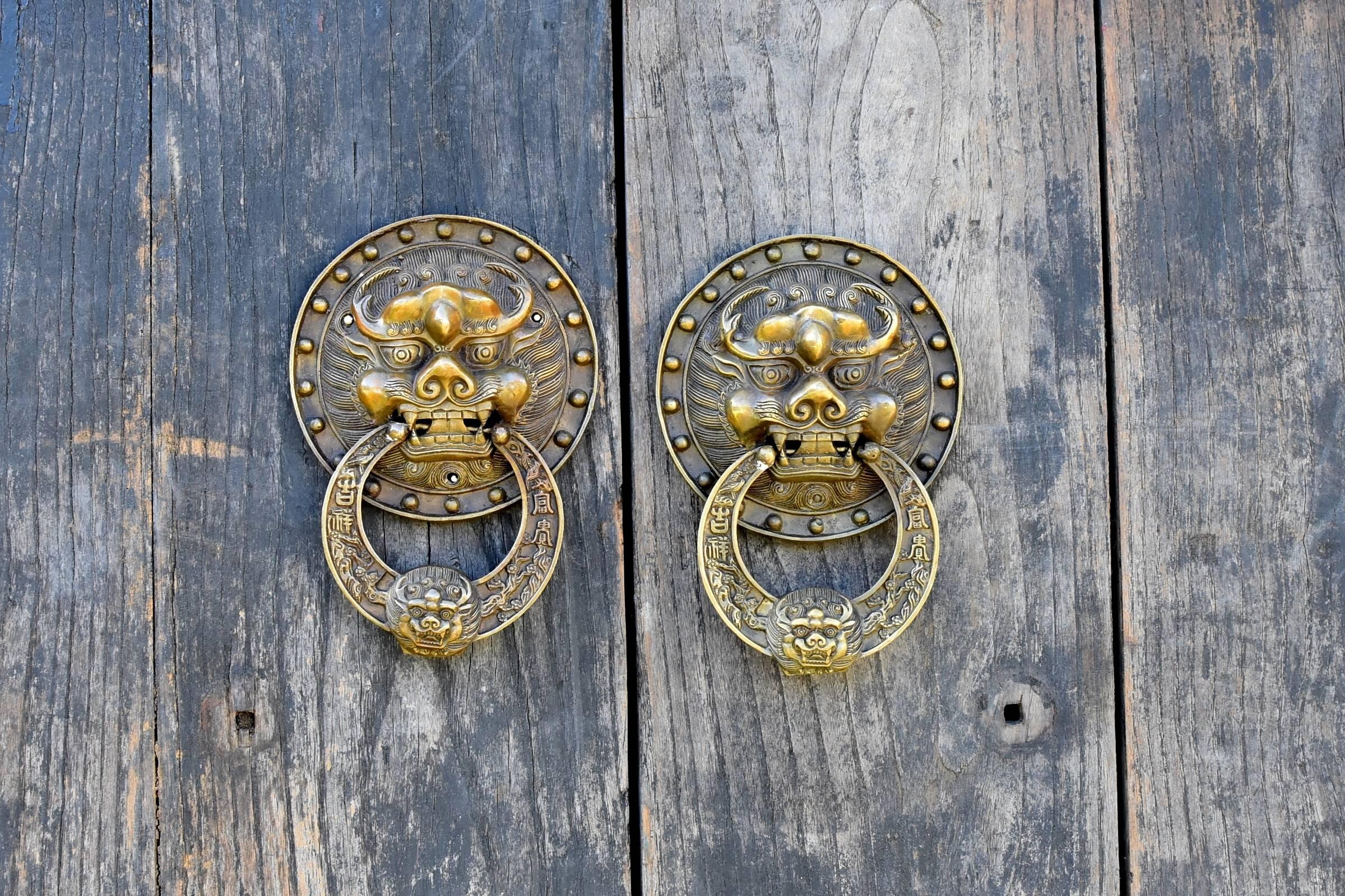 Chinese Rustic Antique Doors with Brass Knockers