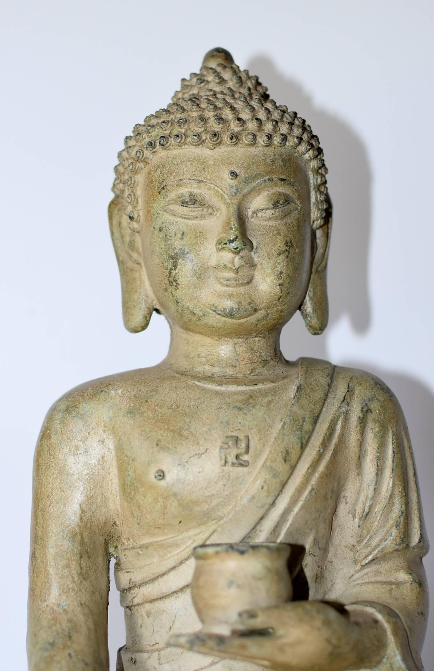 Large Pale Green Bronze Buddha Statue In Excellent Condition In Somis, CA