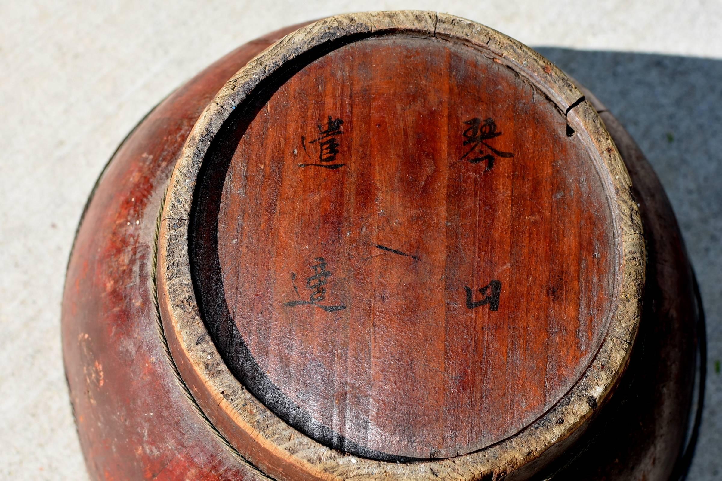 19th Century Antique Chinese Wooden Bucket, Signed