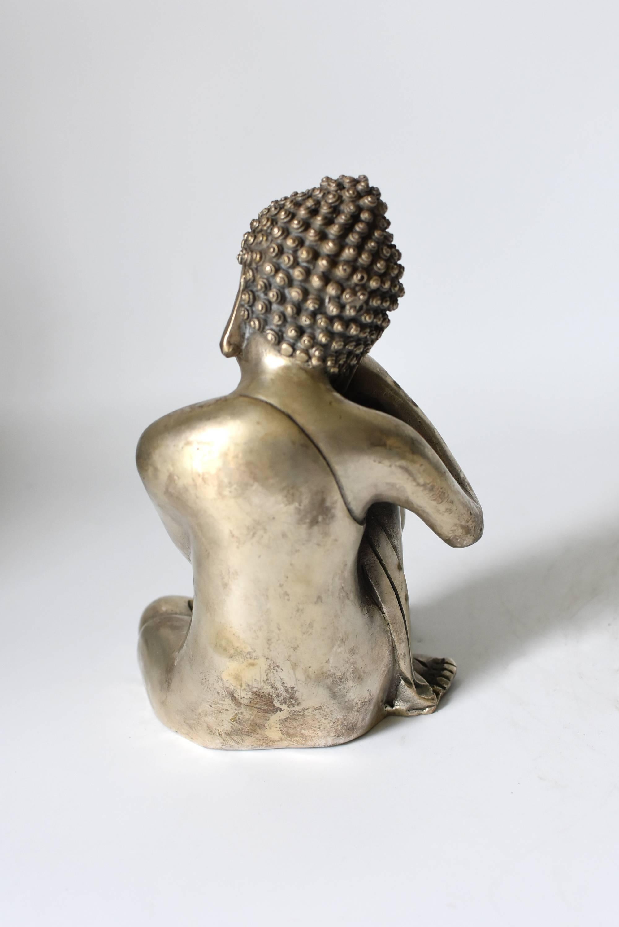 Chinese Silvered Brass Buddha Statue, a Thinking Buddha