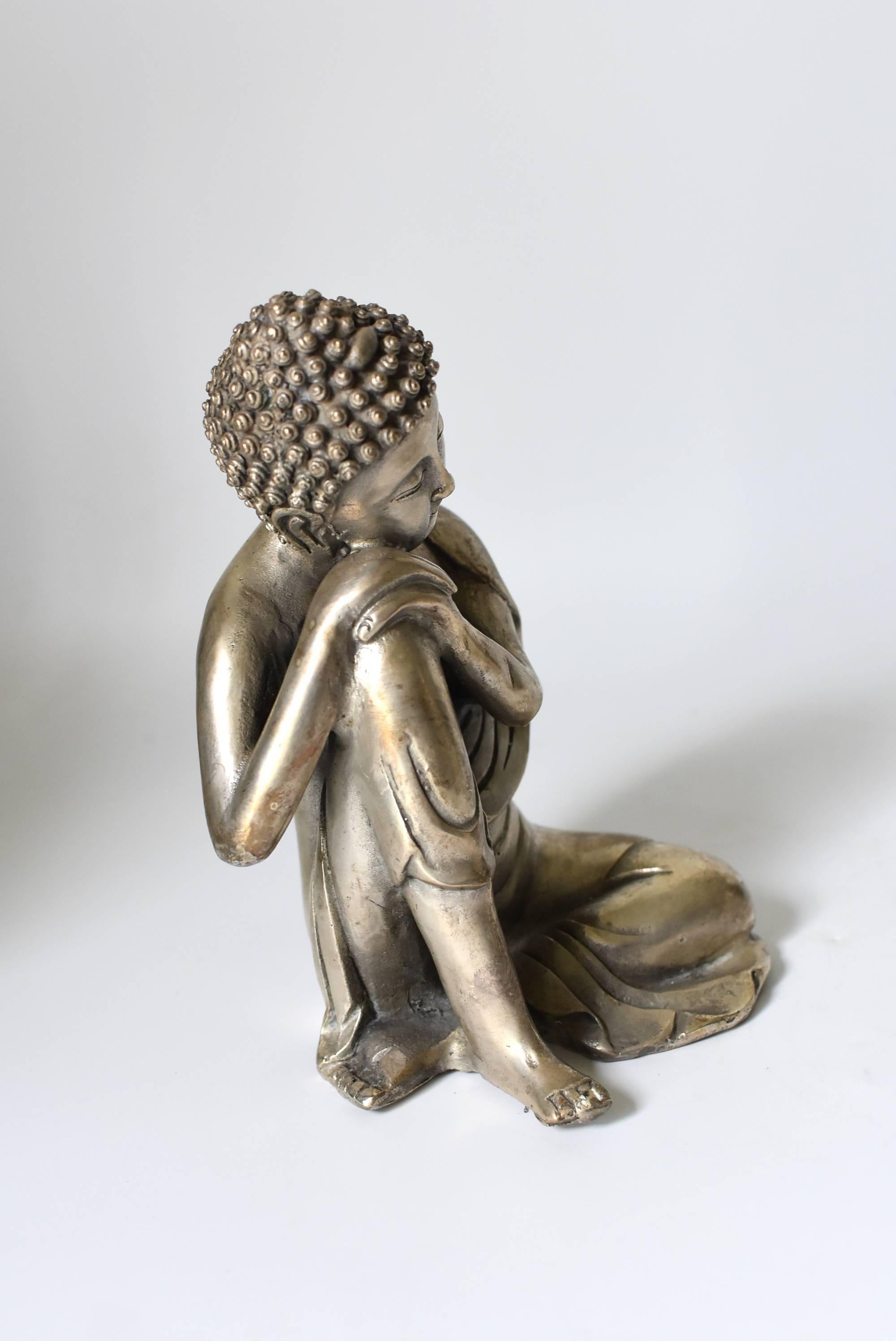 Silvered Brass Buddha Statue, a Thinking Buddha In Good Condition In Somis, CA