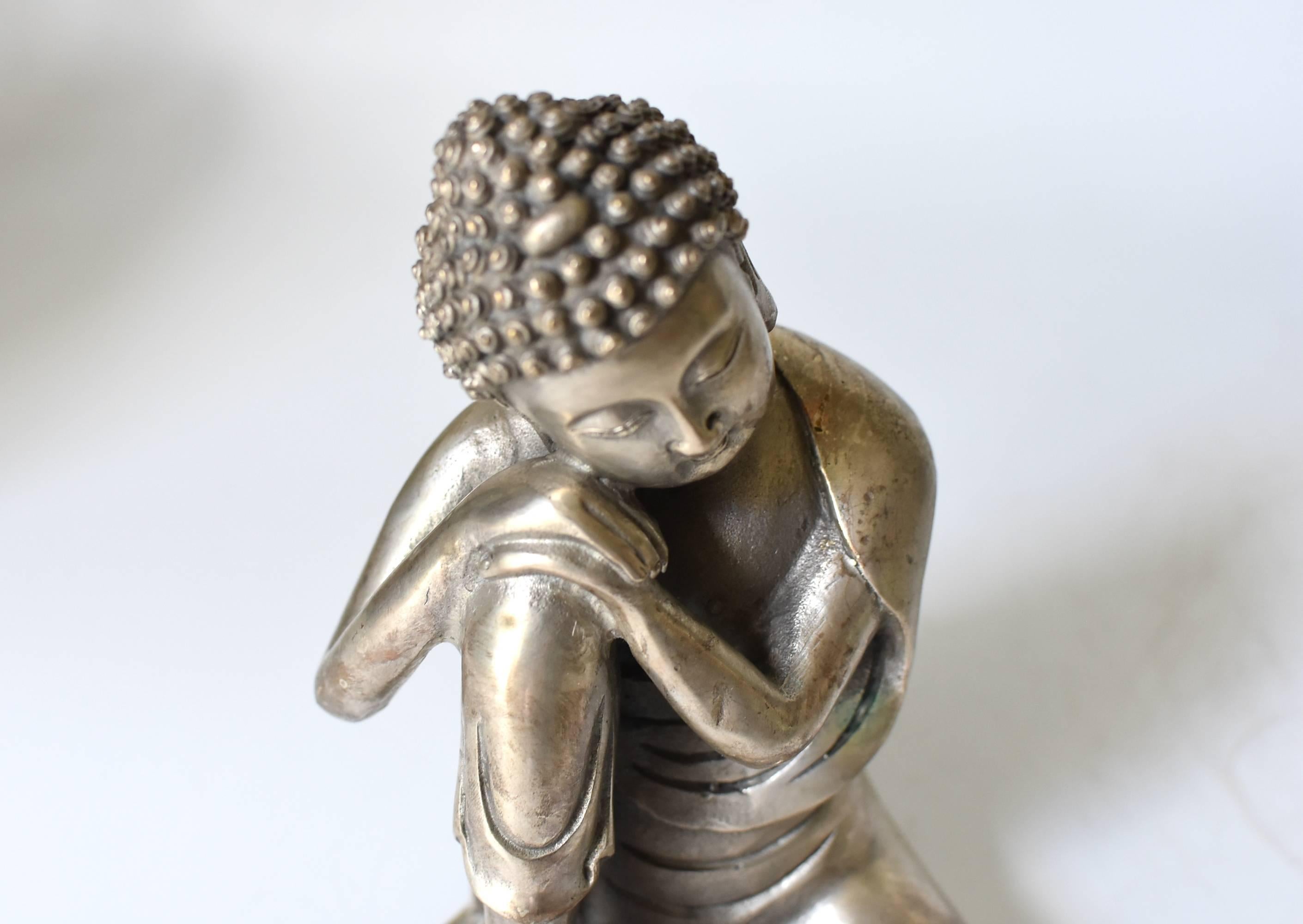 Contemporary Silvered Brass Buddha Statue, a Thinking Buddha