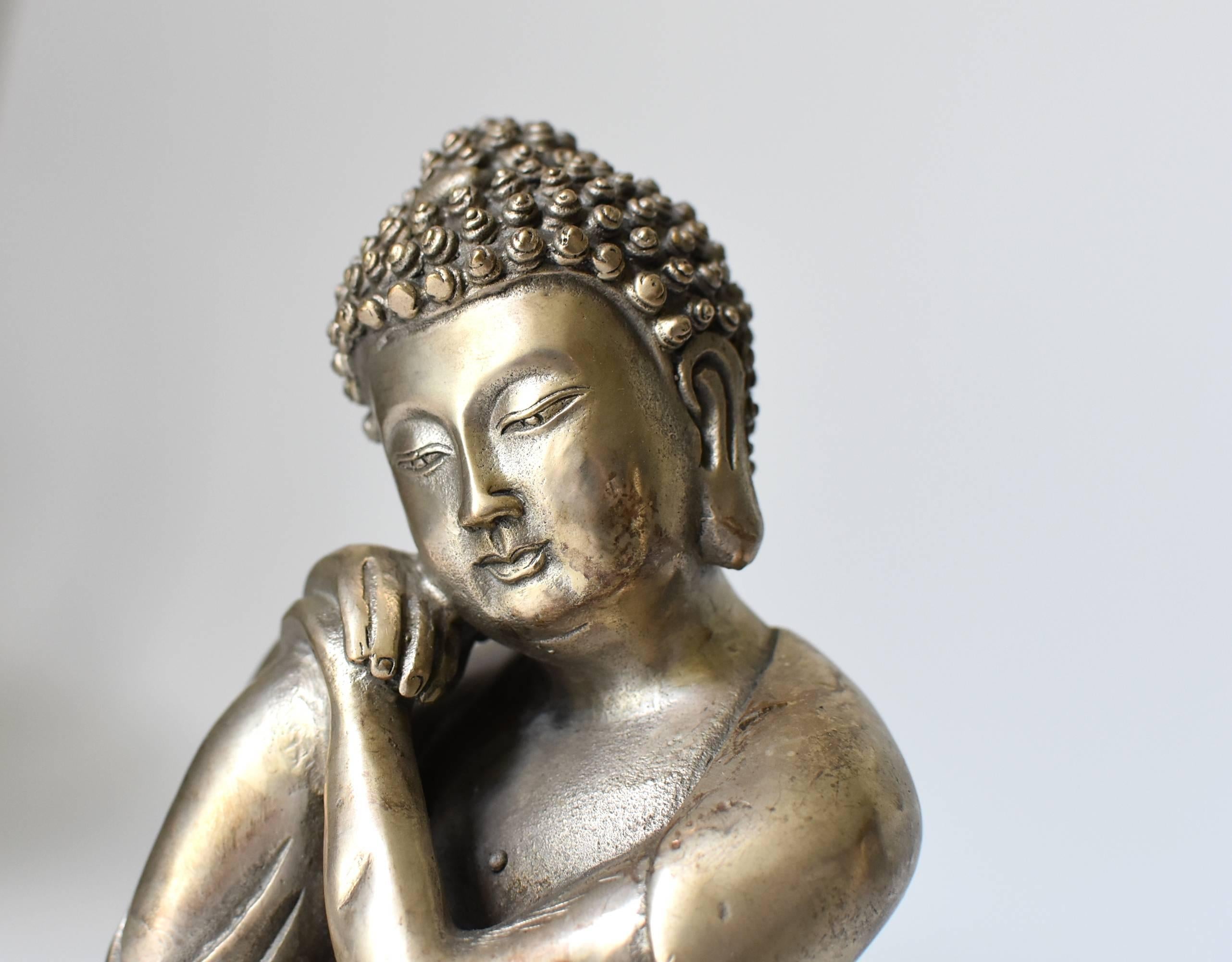 Silvered Brass Buddha Statue, a Thinking Buddha 1