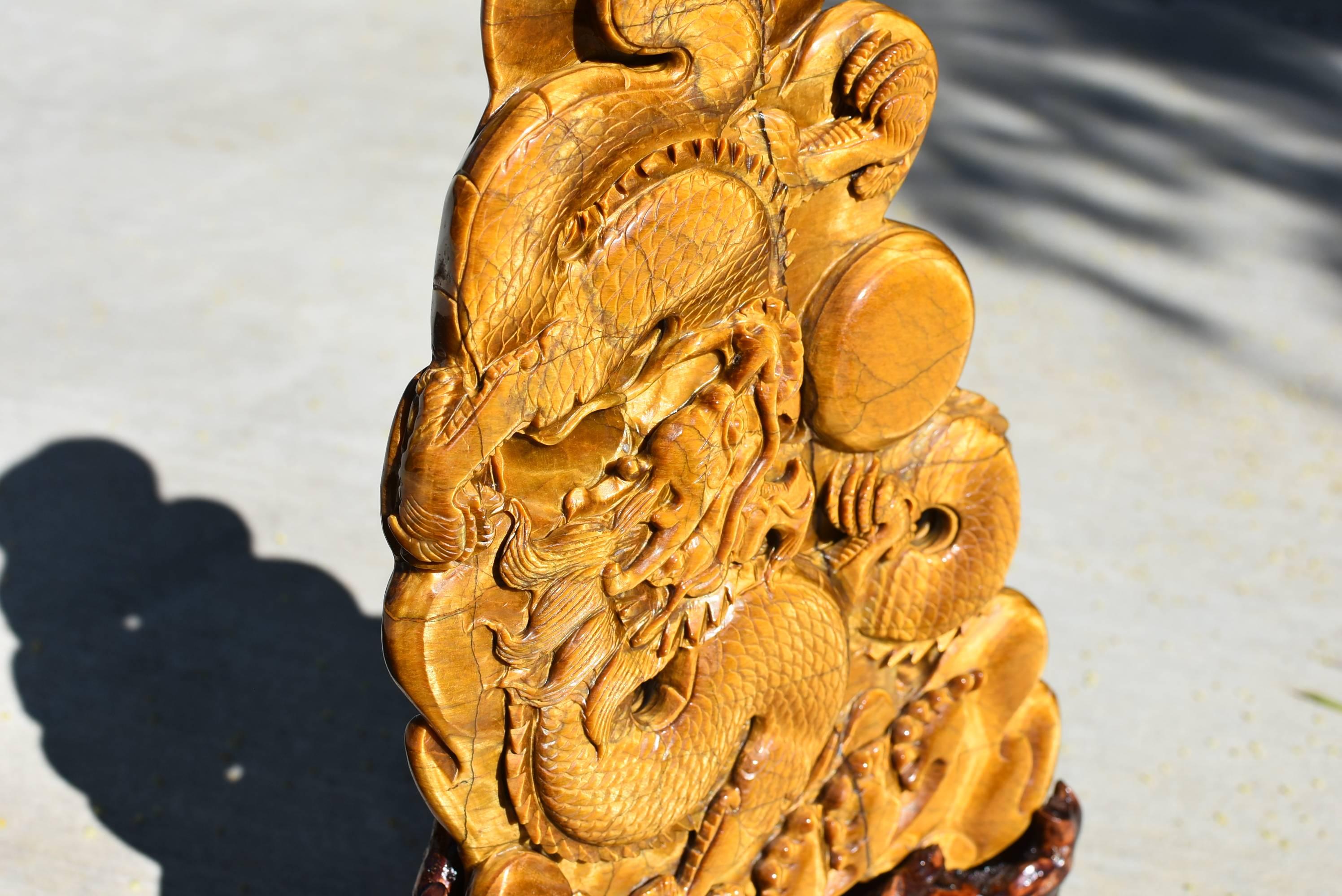 Chinese Huge Natural Tiger's Eye Dragon Statue, 3.4 lb, Hand-Carved Gemstone 