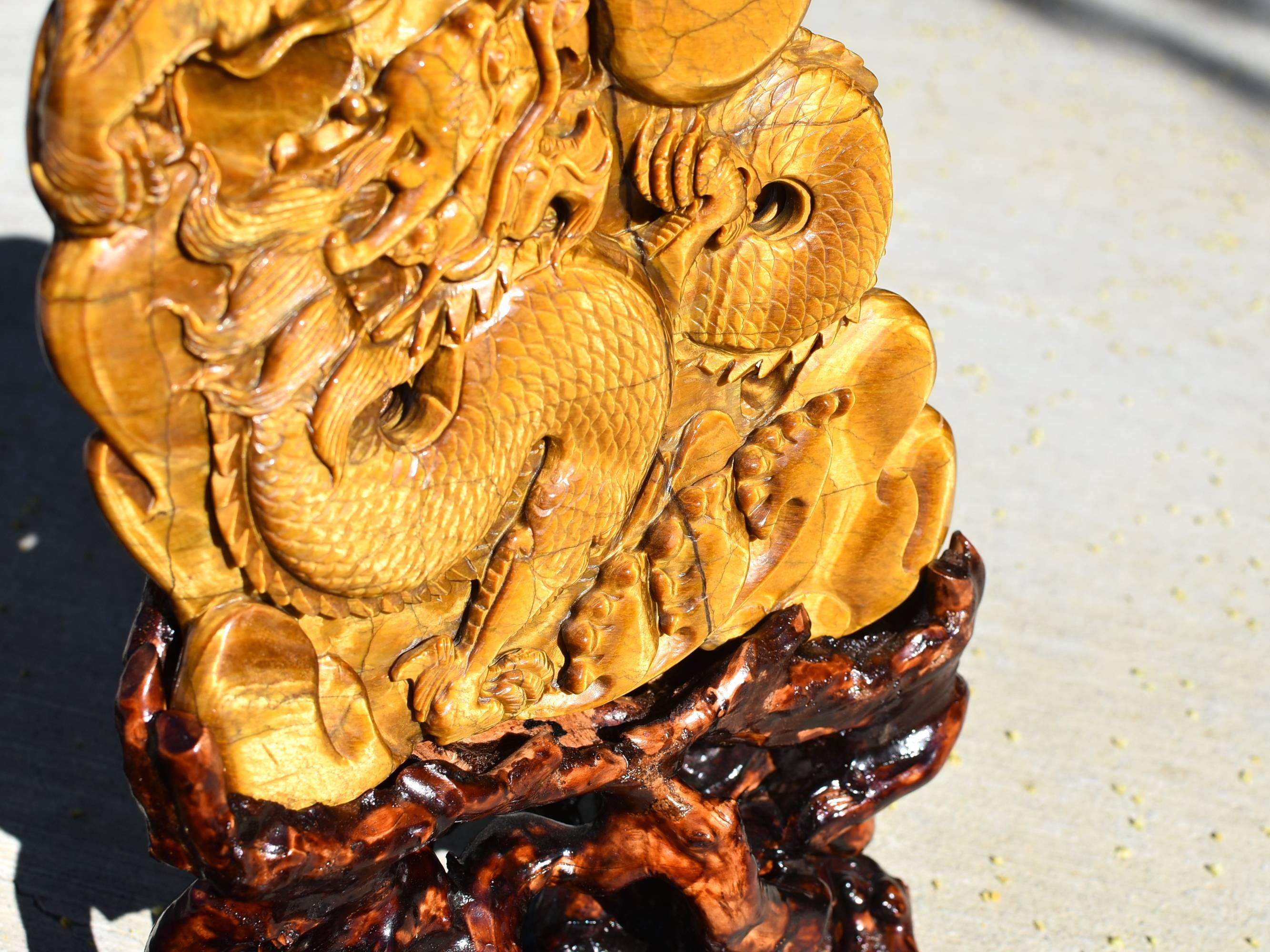 Multi-gemstone Huge Natural Tiger's Eye Dragon Statue, 3.4 lb, Hand-Carved Gemstone 