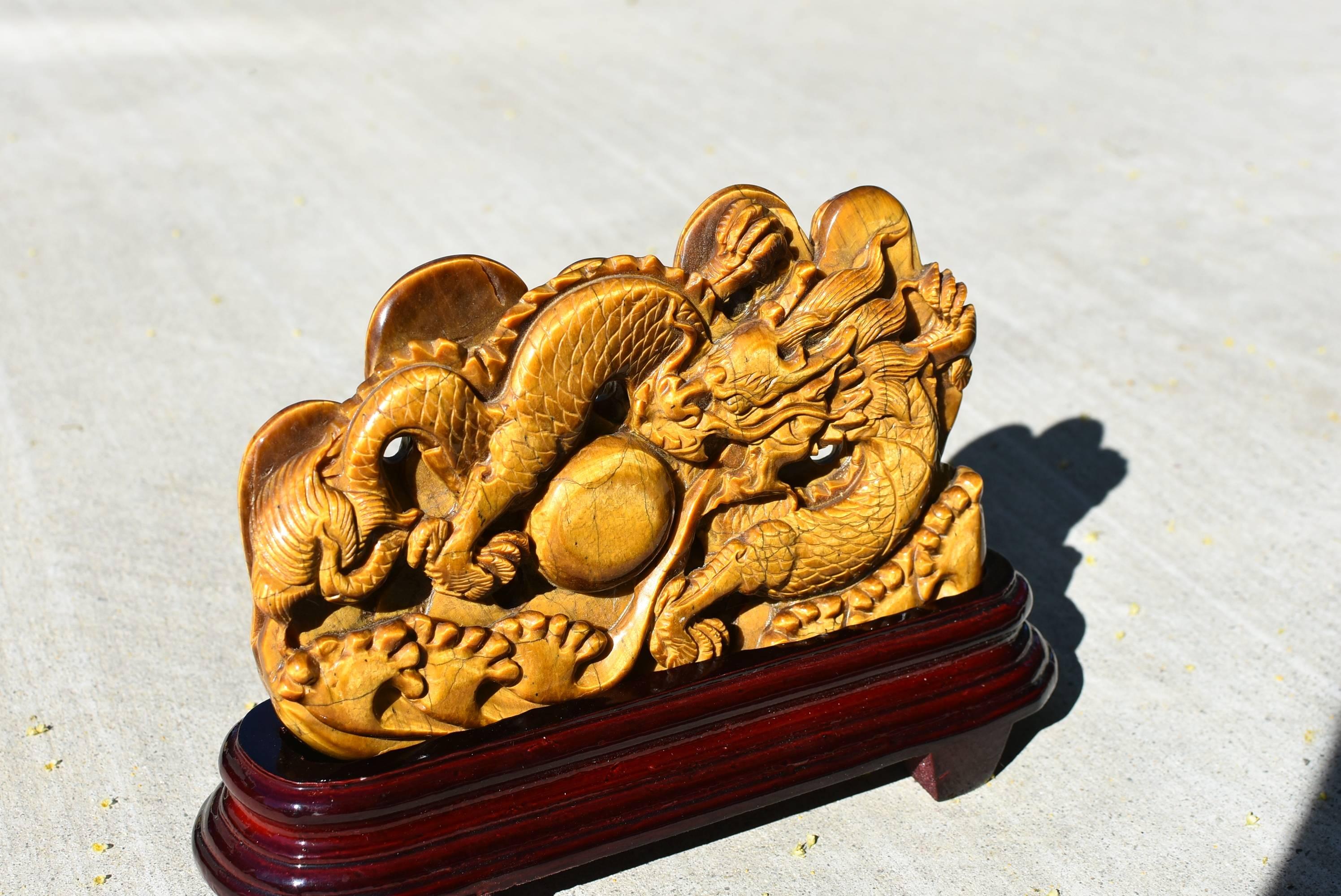 Chinese Natural Tiger's Eye Dragon Statue, 1.7 lb, Hand-Carved