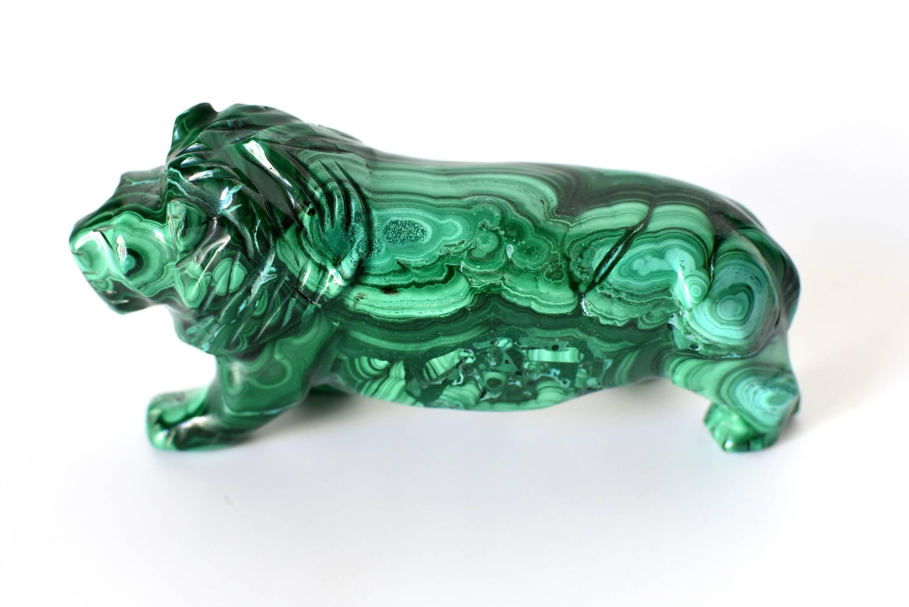 A wonderful 1.4 lb lion sculpture in the most spectacular natural malachite. The lion is depicted in walking motion. All natural with splendid swirls and patterns, this remarkable pieces is a beautiful piece to add to your collection. Also fantastic