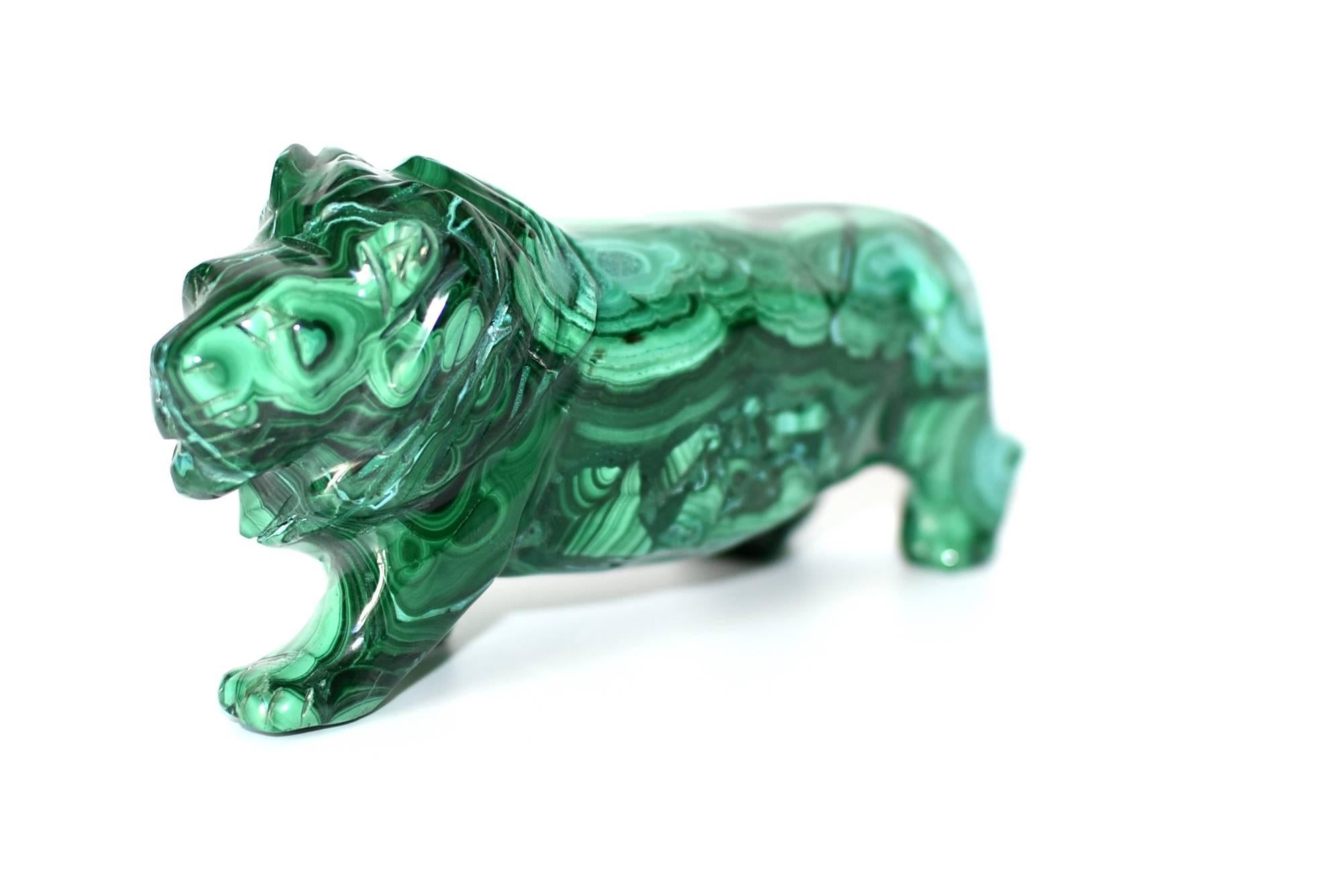 Hand-Crafted Natural Malachite Lion Sculpture, 1.4 Lb
