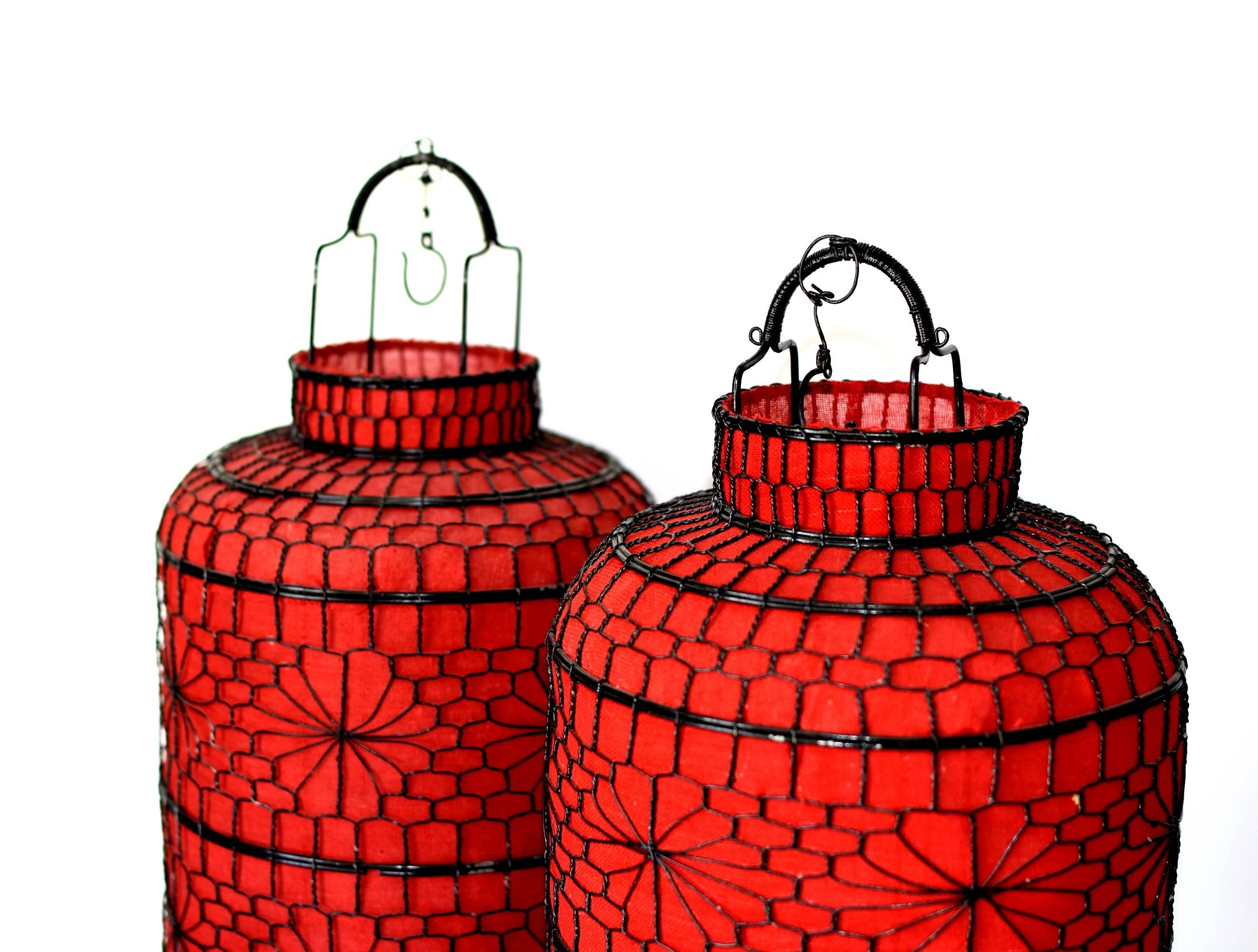 Chinese Pair of Asian Red Lanterns, Linen Hand-Wired, Electrified