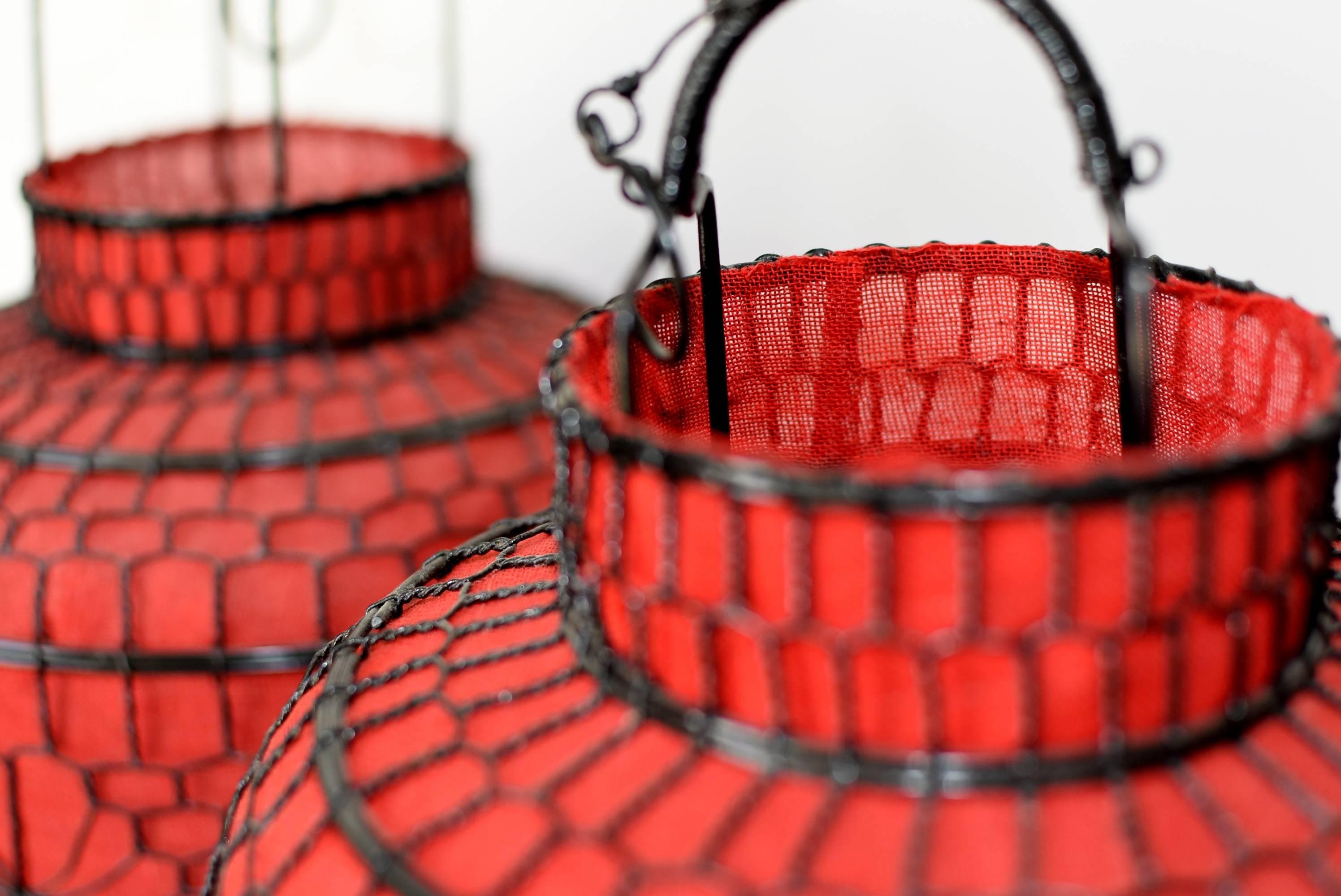 Pair of Asian Red Lanterns, Linen Hand-Wired, Electrified 1
