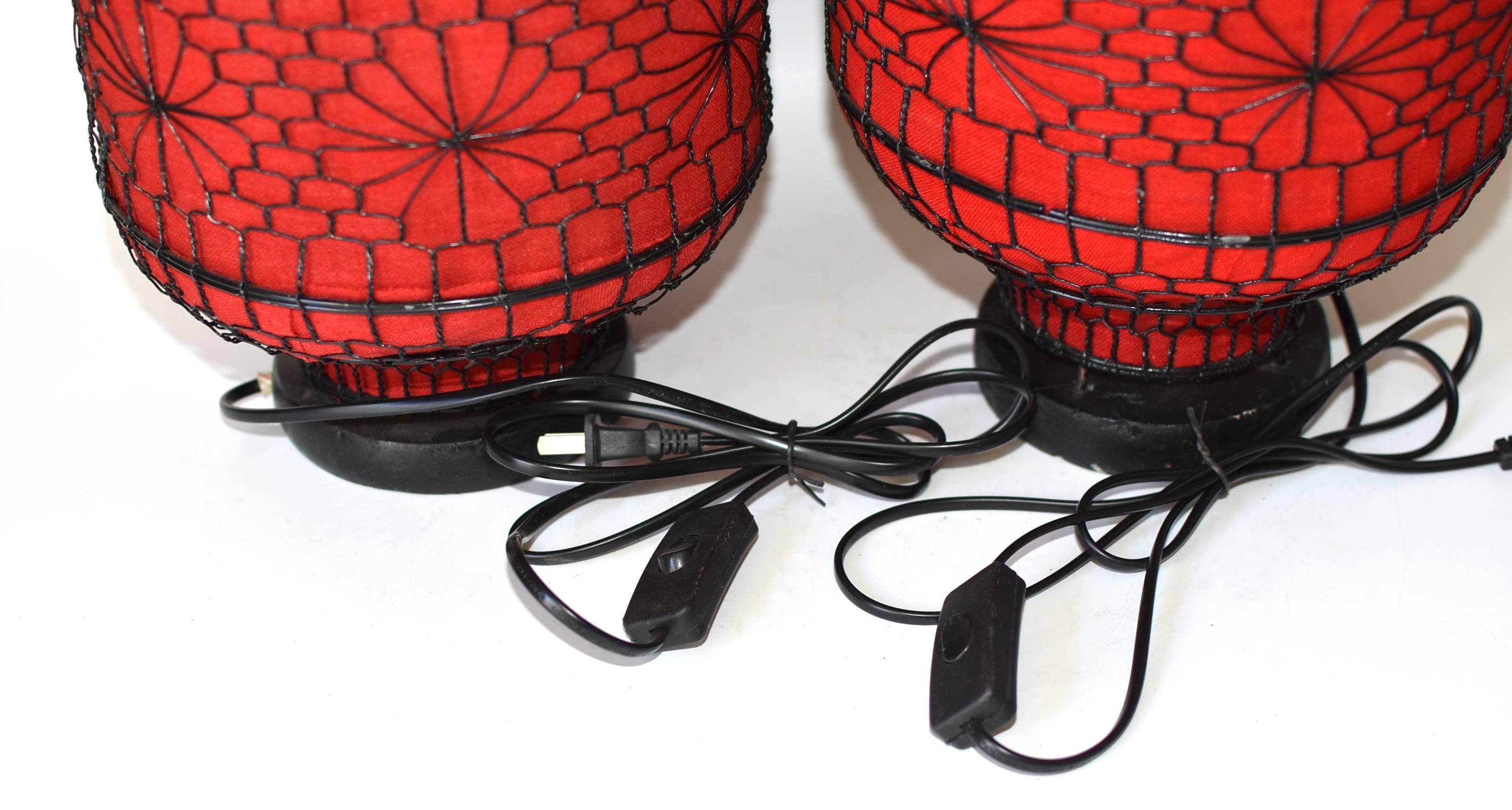Pair of Asian Red Lanterns, Linen Hand-Wired, Electrified 3