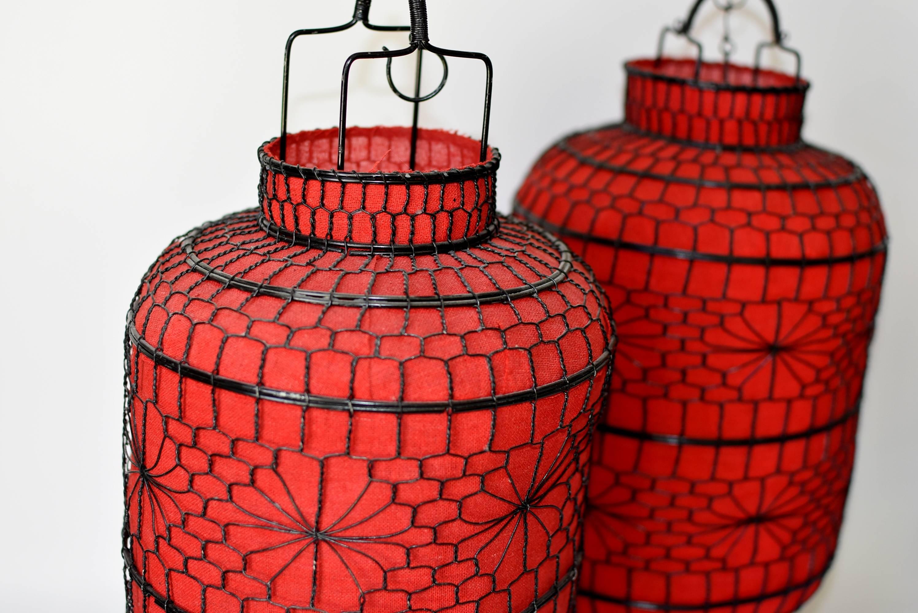 Pair of Asian Red Lanterns, Linen Hand-Wired, Electrified 4