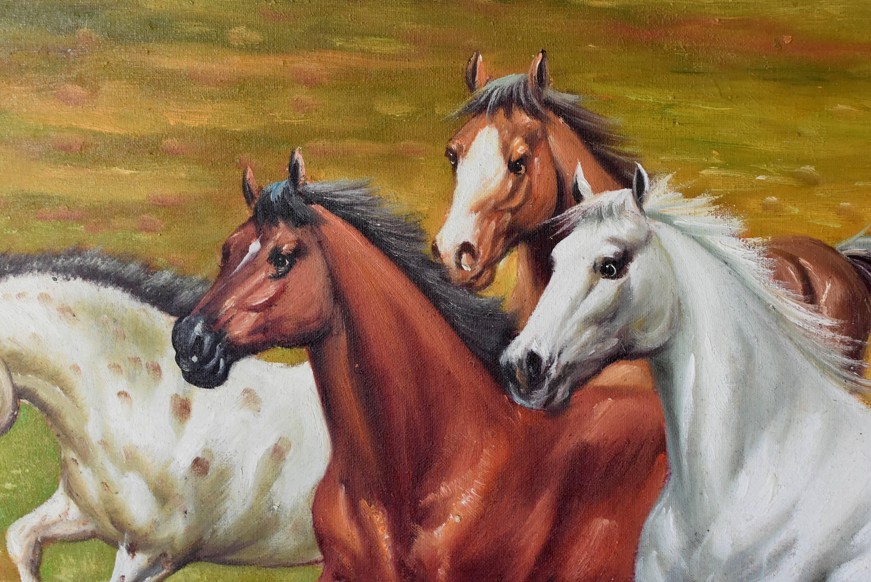 Chinese Horses Oil Painting, Signed