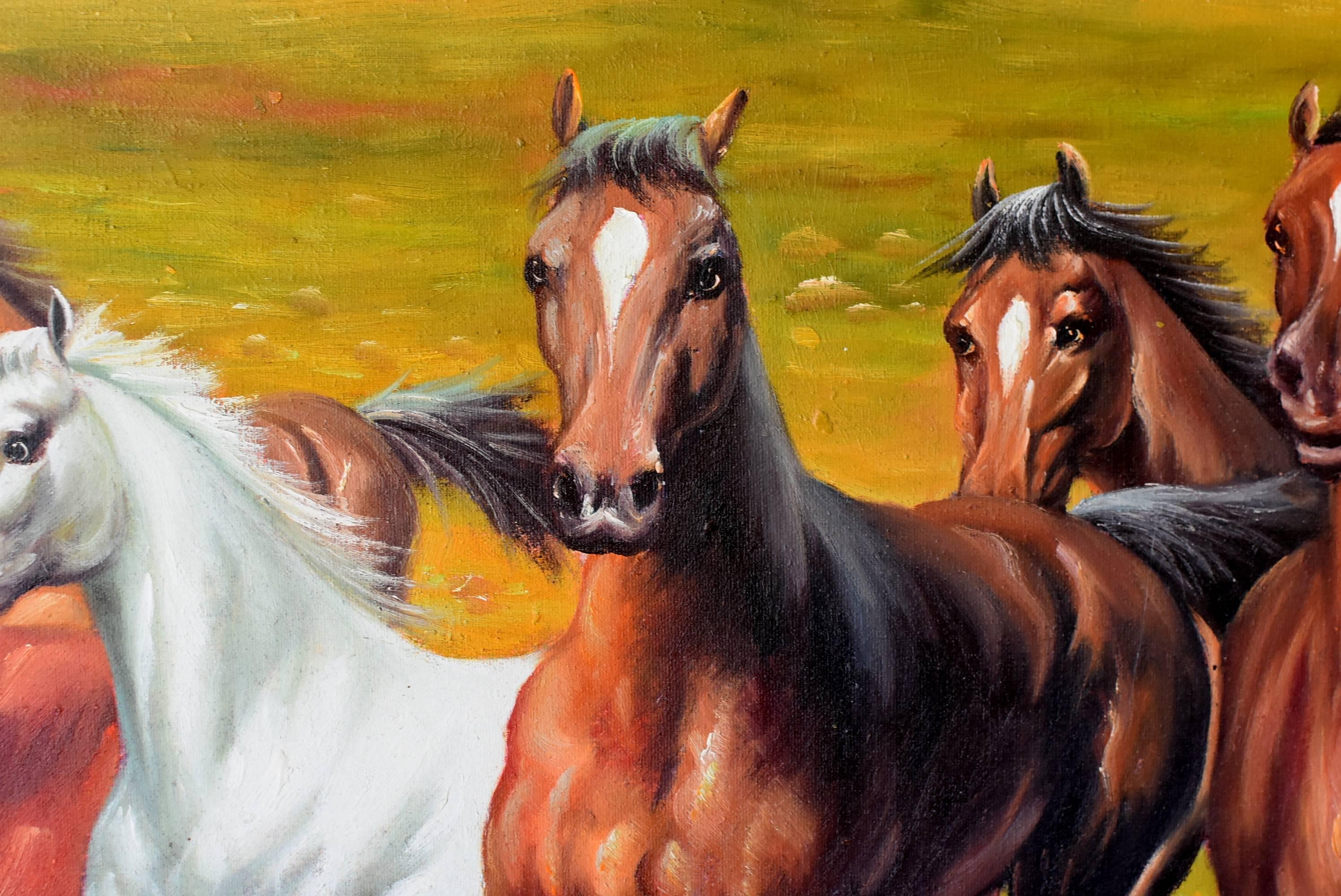 An oil on canvas painting depicting a group of horses in motion. The horses are majestic with realistic expressions. Their muscles and facial features are well defined. They have beautiful eyes that convey a sense of peace and emotion. Landscape