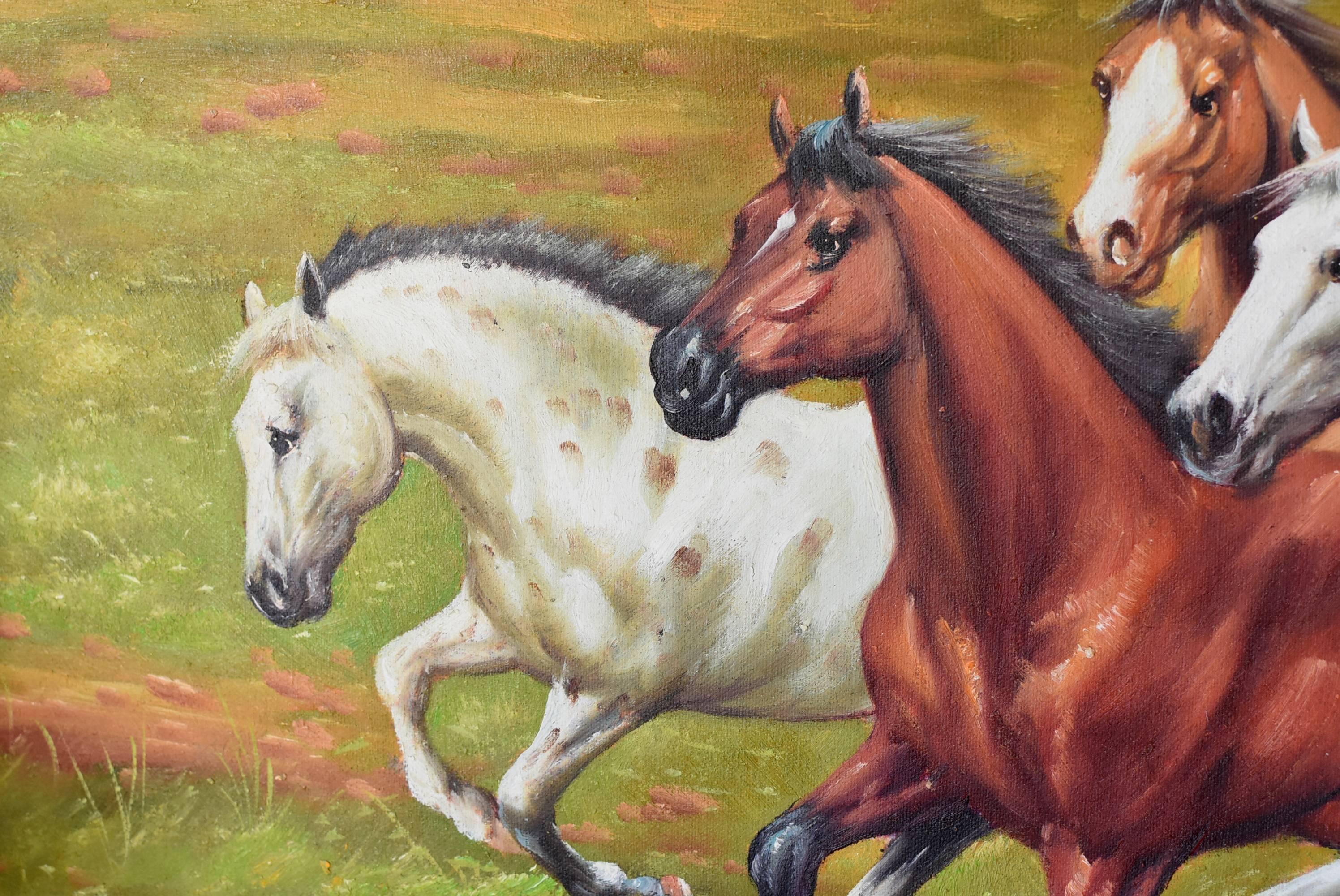 20th Century Horses Oil Painting, Signed