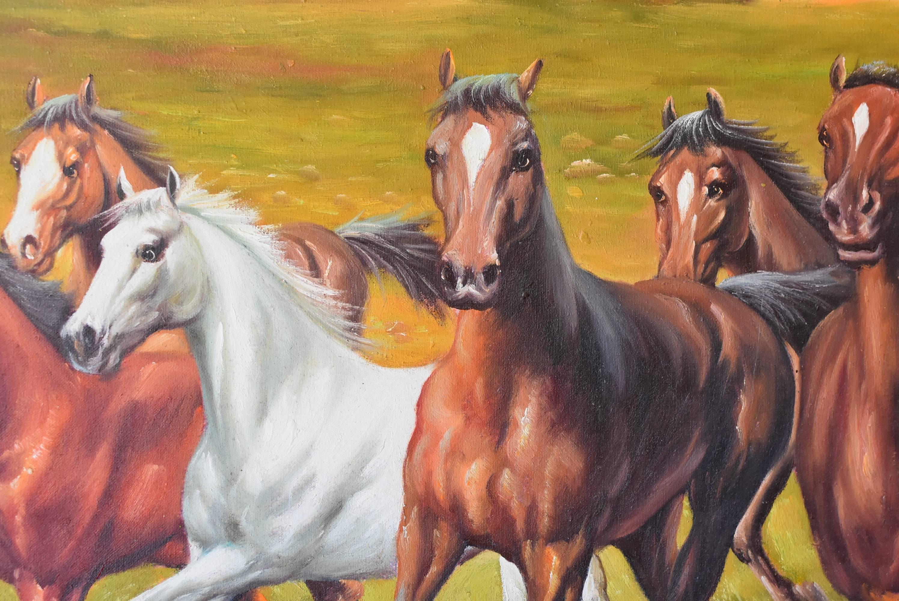 Canvas Horses Oil Painting, Signed