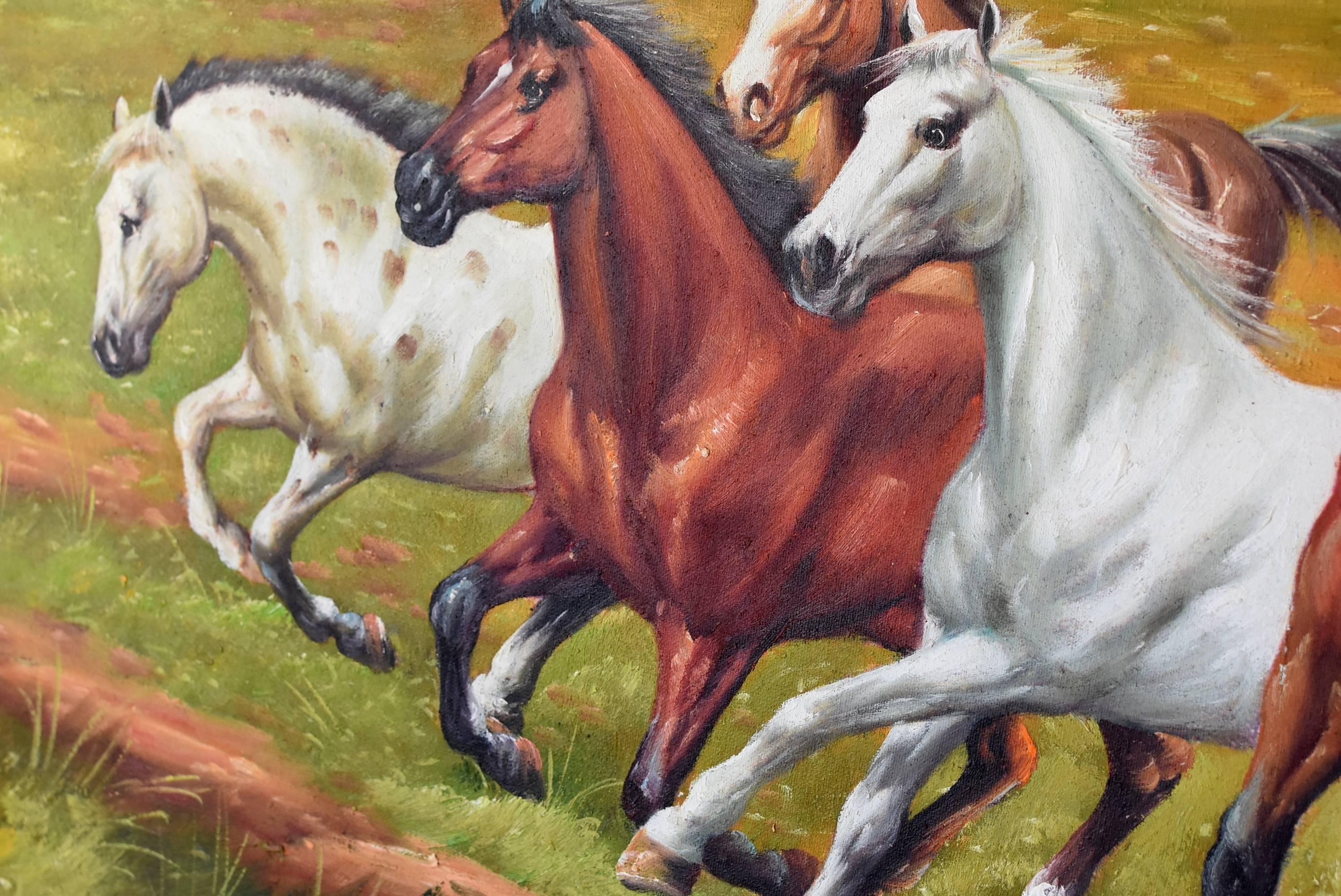 Horses Oil Painting, Signed In Good Condition In Somis, CA