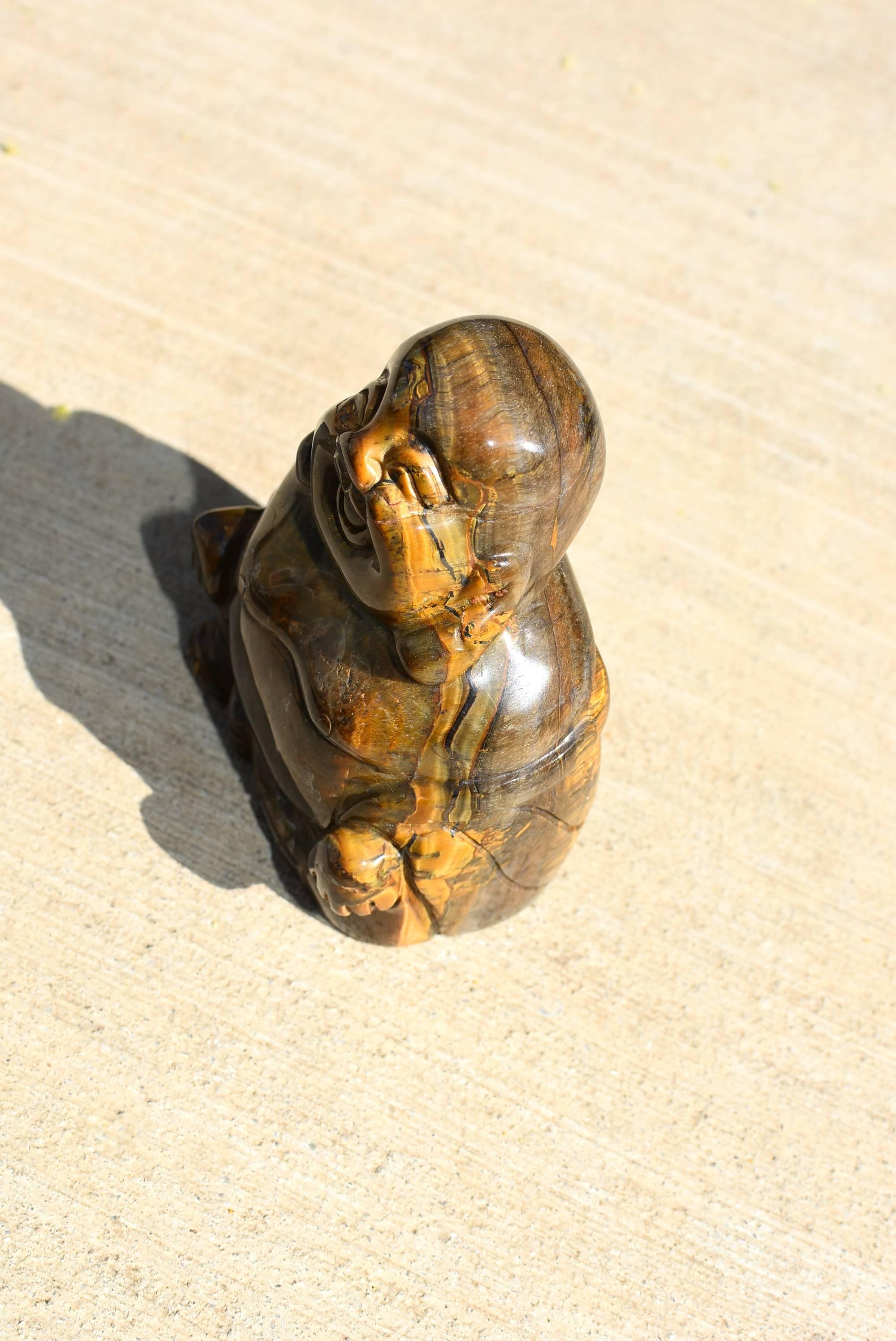 Natural Tiger's Eye Happy Buddha Statue, 1.4 lb In Excellent Condition In Somis, CA