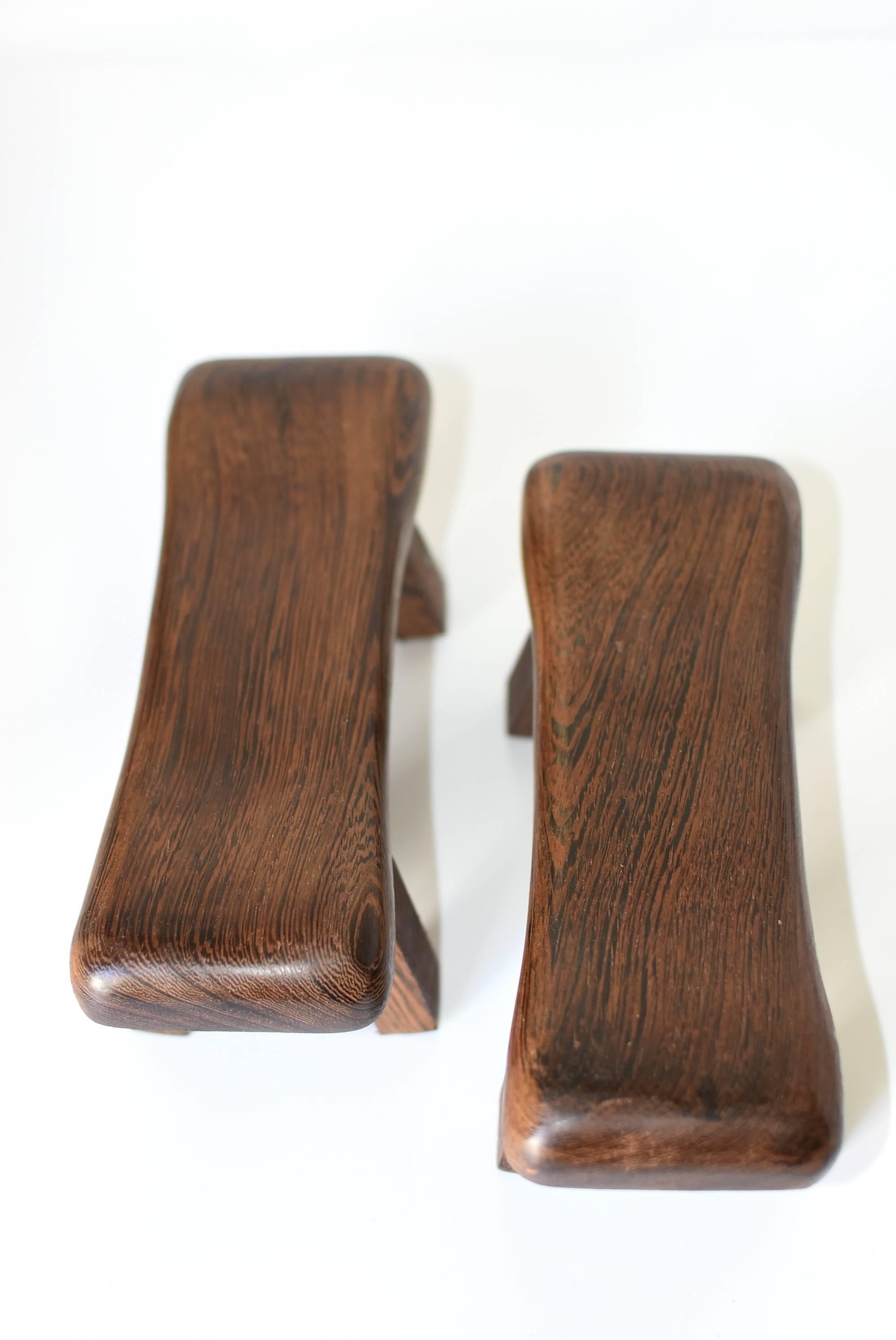 Contemporary Pair of Wenge Wood Mini Stools, Headrests, Stands For Sale