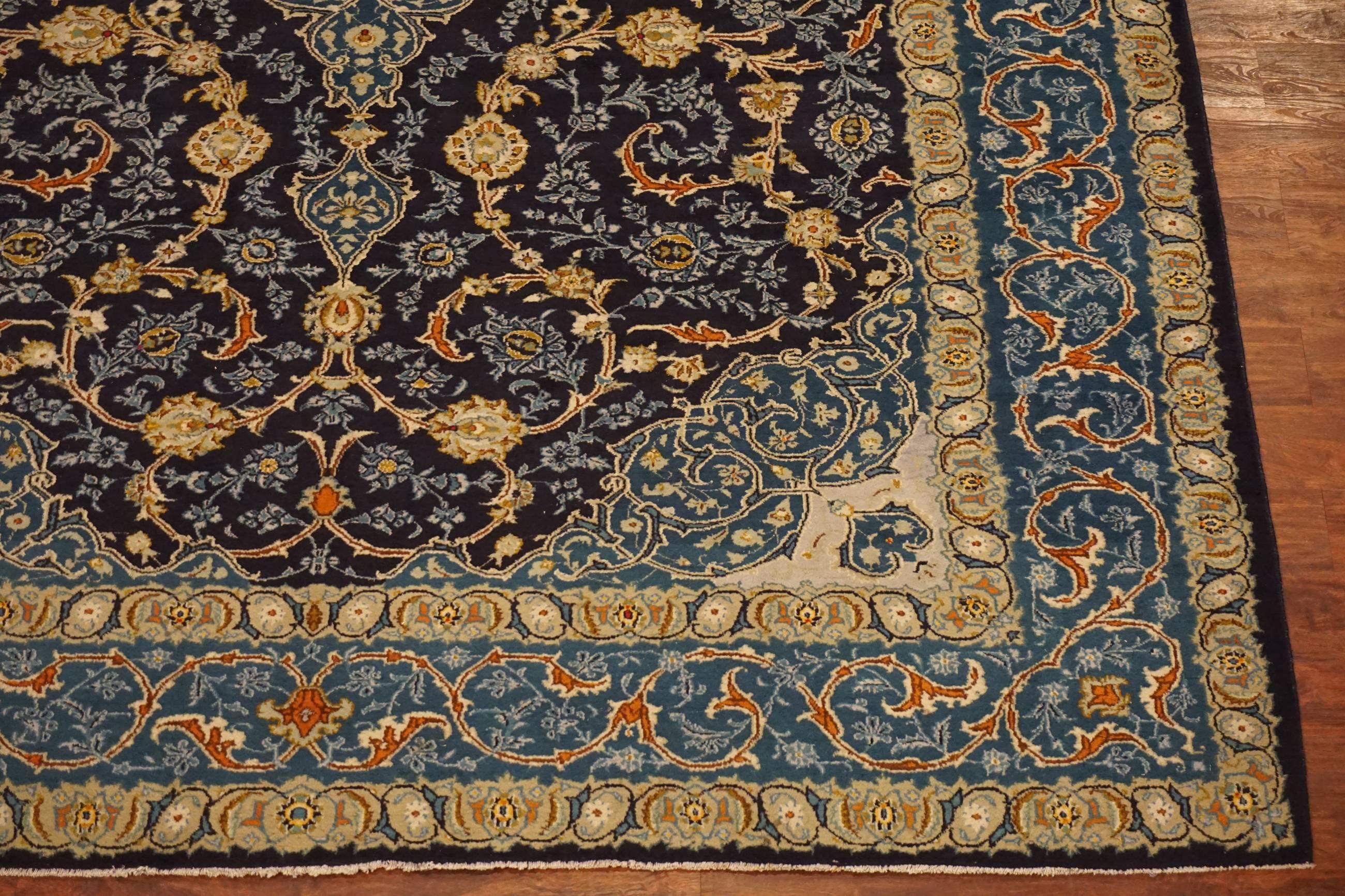 Wool Blue Antique Hand-Knotted Persian Kashan, circa 1900 For Sale