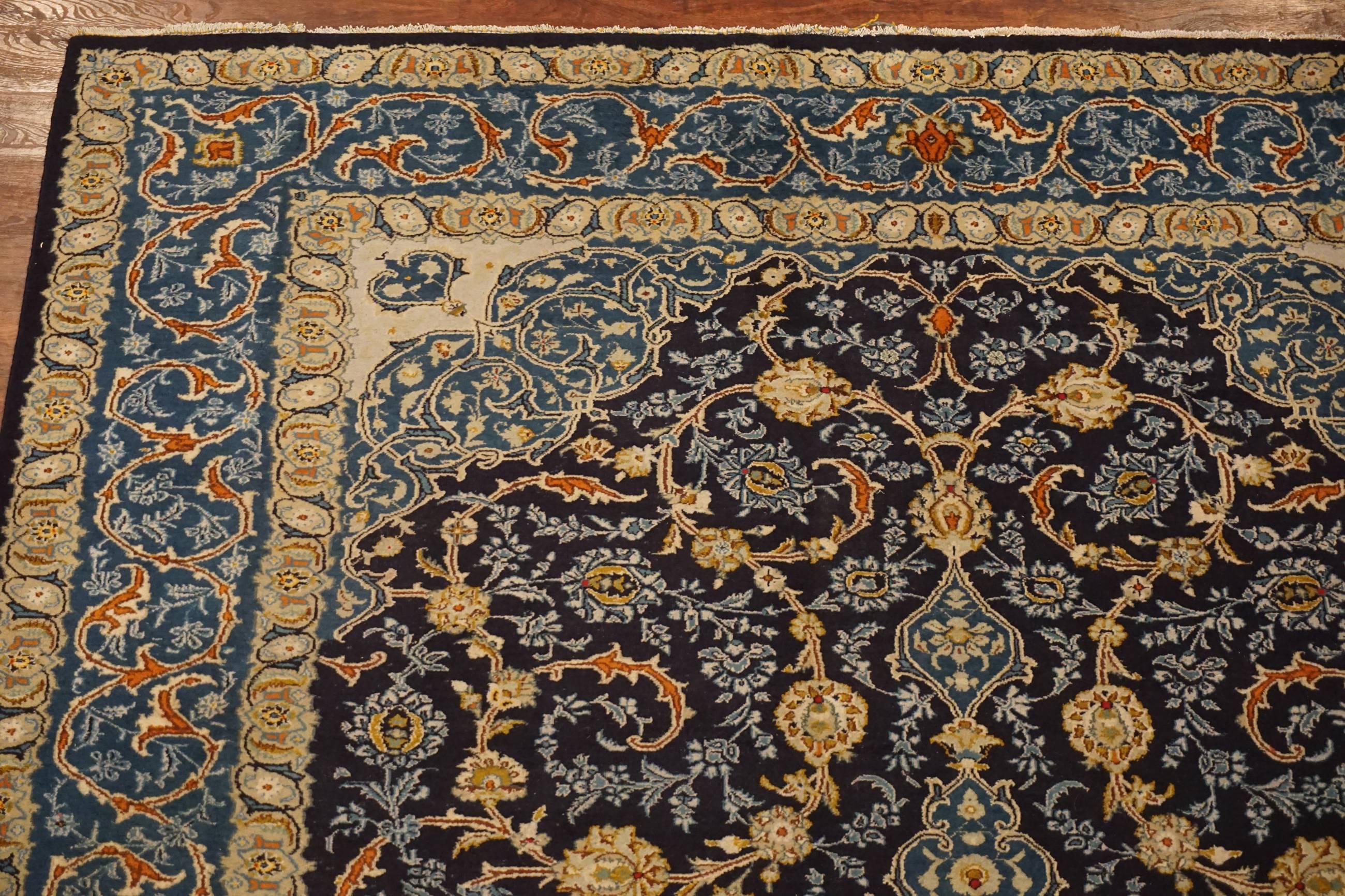 19th Century Blue Antique Hand-Knotted Persian Kashan, circa 1900 For Sale