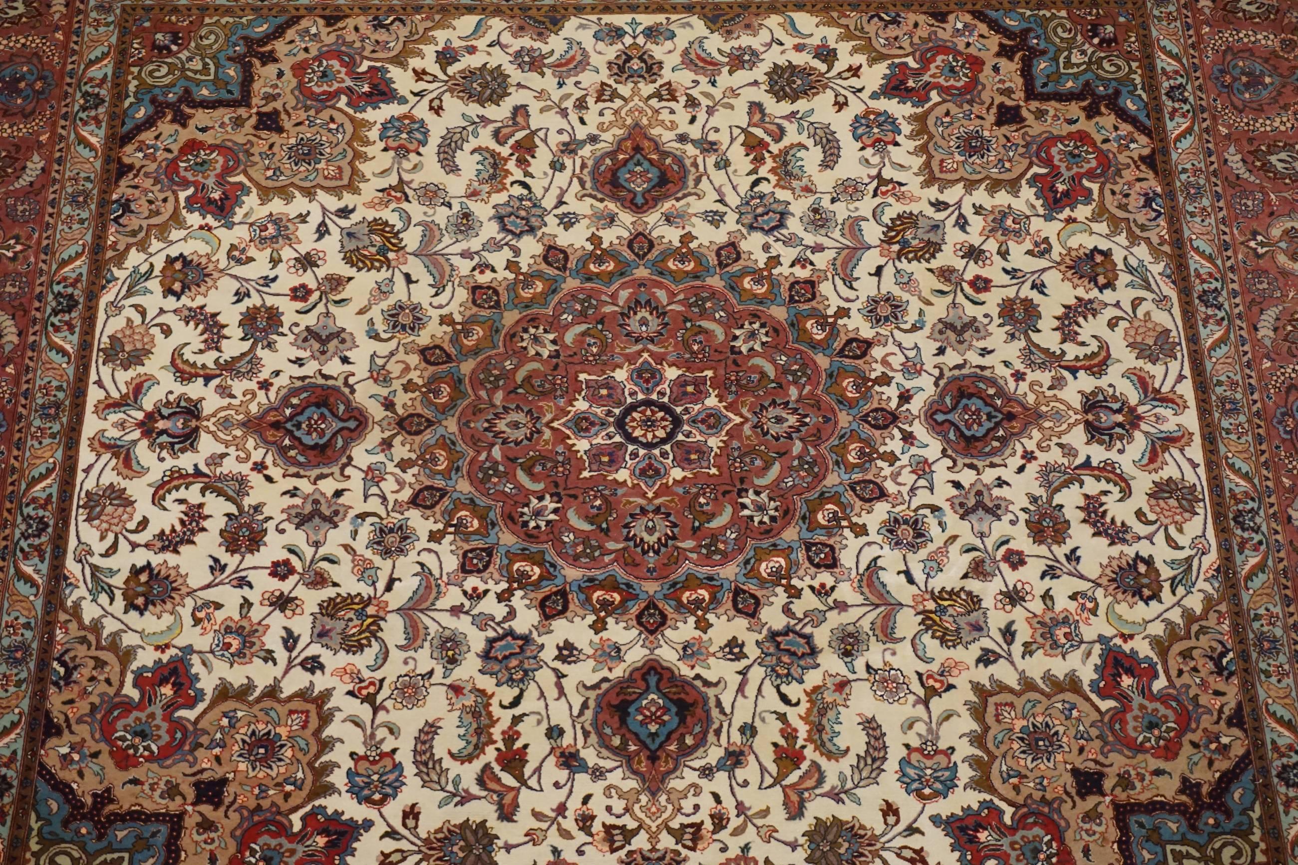 Hand-Knotted Square Wool and Silk Persian Tabriz Rug, circa 1970 For Sale