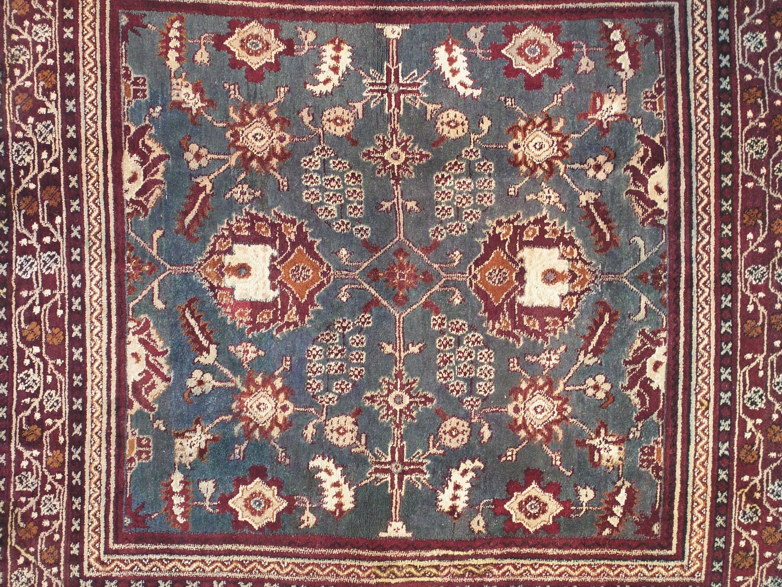Hand-Knotted Antique Square Indian Agra Rug, circa 1890 For Sale