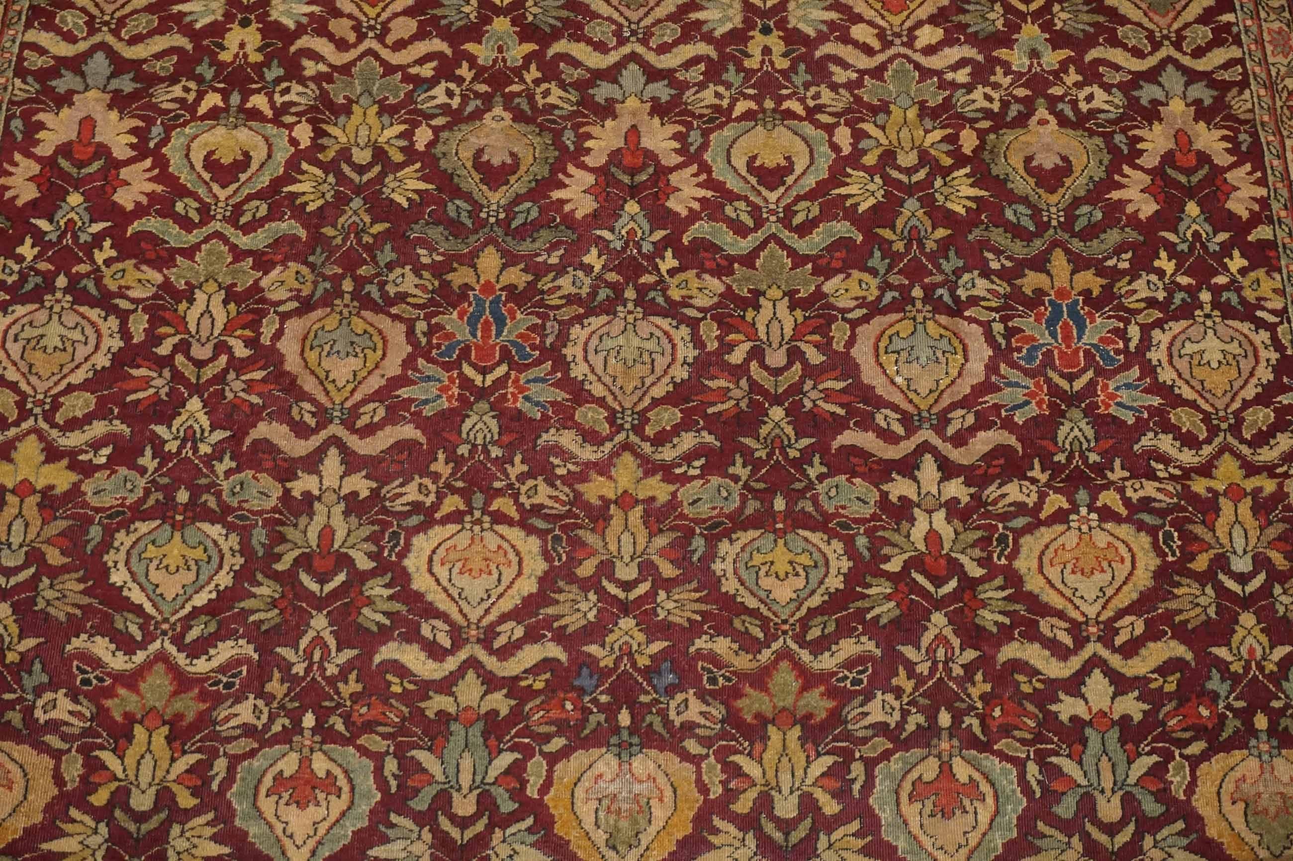 Hand-Knotted Antique Burgundy Indian Agra Rug, circa 1900 For Sale