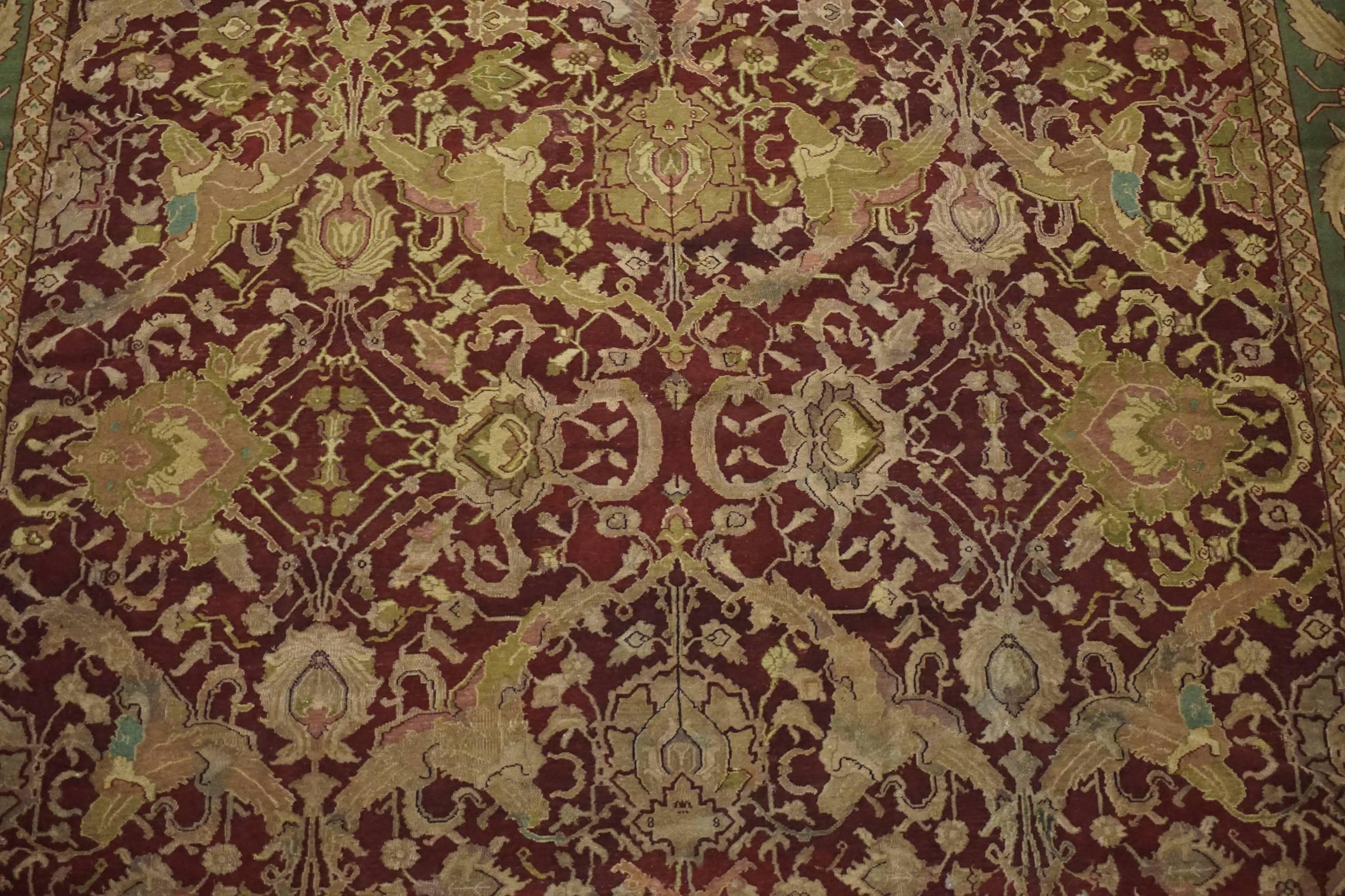 Hand-Knotted Antique Burgundy Indian Agra Rug, circa 1890 For Sale