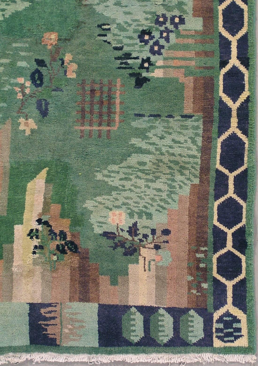 Hand-Knotted Green Antique European Art Deco Rug, circa 1920 For Sale