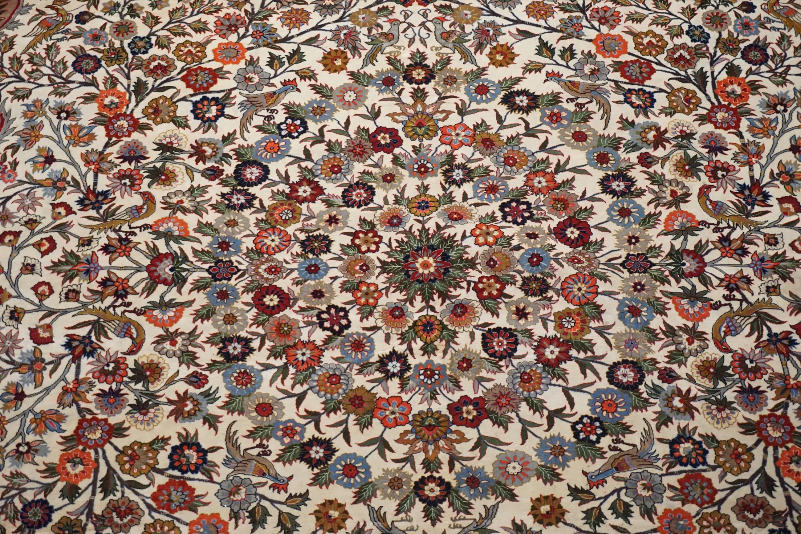 Hand-Knotted Fine Persian Qum Rug with Bird Motif, circa 1900 For Sale