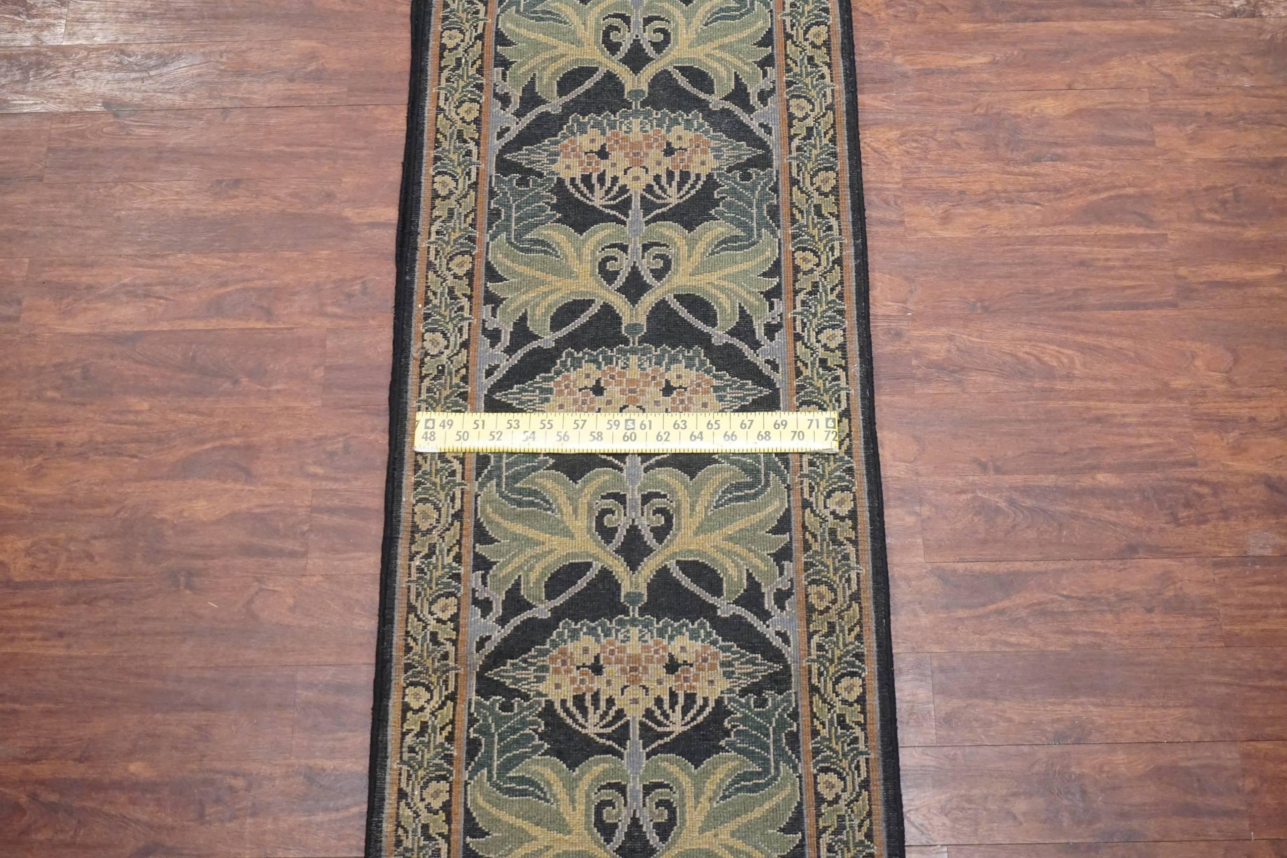 Hand-Knotted Black William Morris Art & Craft Runner For Sale