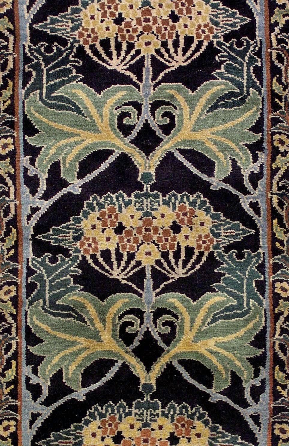 Black William Morris inspired runner

circa 1990

Measures: 2' 8'' x 34' 7''

Hand-knotted wool pile, cotton foundation

Field color: Black
Border color: Black
Accent color: Yellow, Brown, Olive Green, Spring-Green, Teal, Bluish-Gray