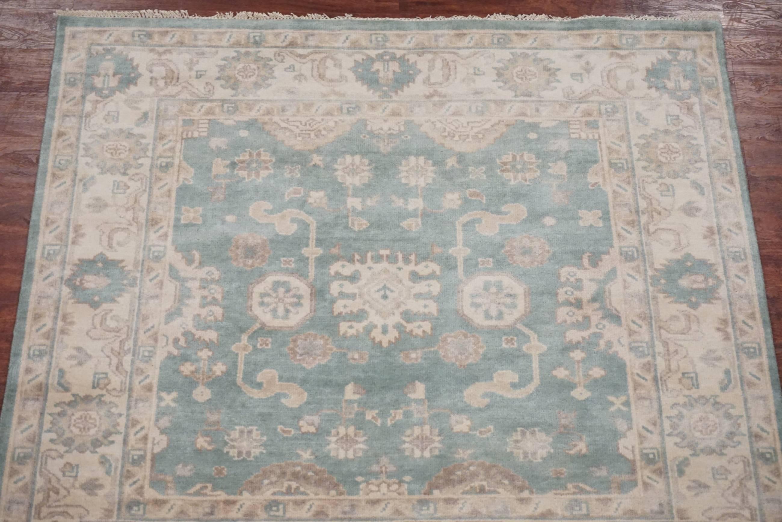 Indian Green Square Oushak Rug For Sale