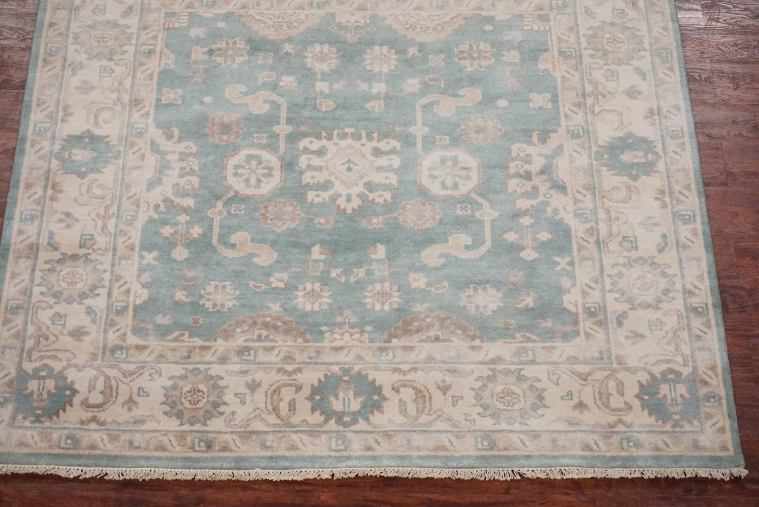 Hand-Knotted Green Square Oushak Rug For Sale