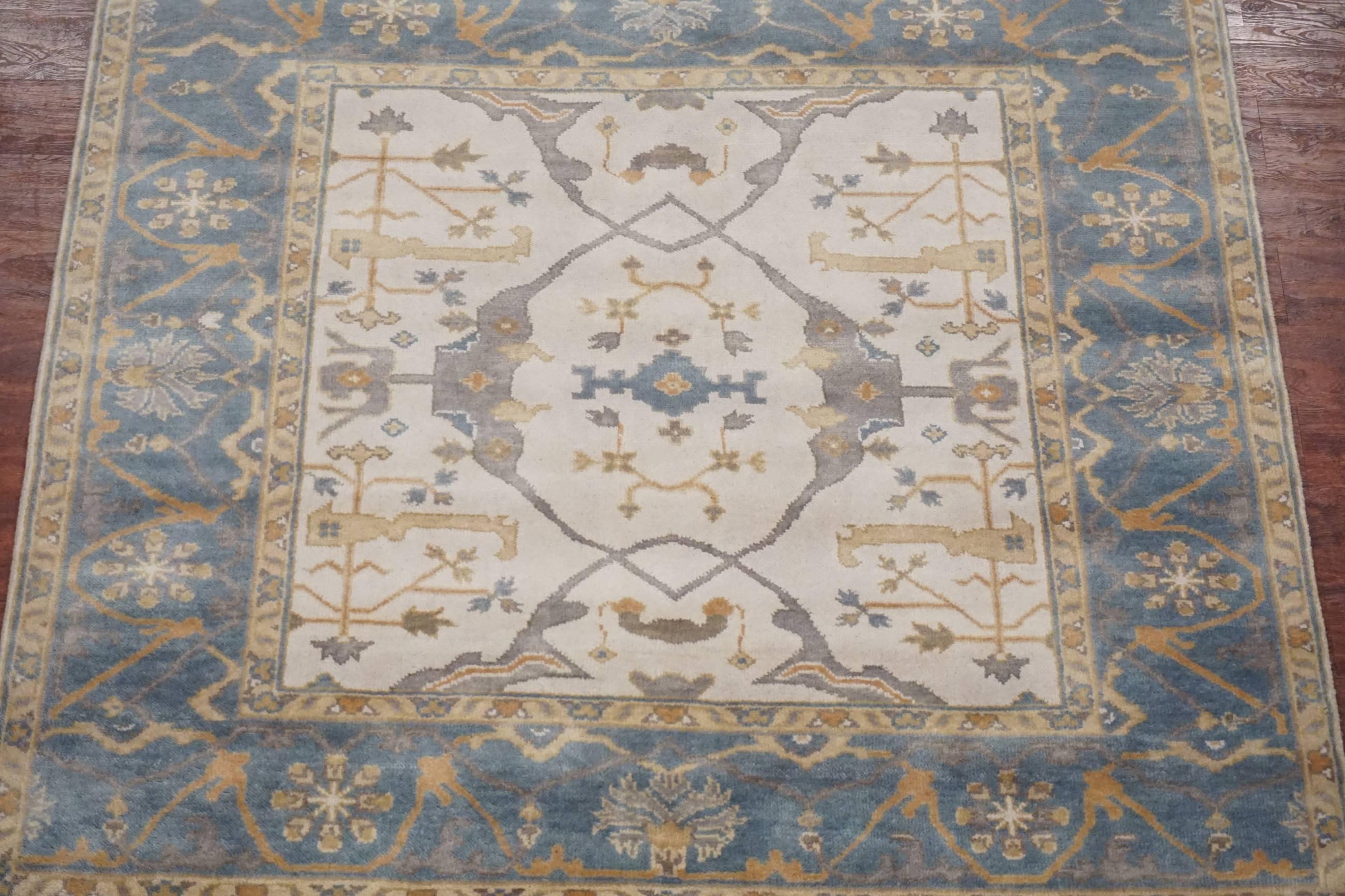 Indian Square Ivory Oushak Area Rug For Sale