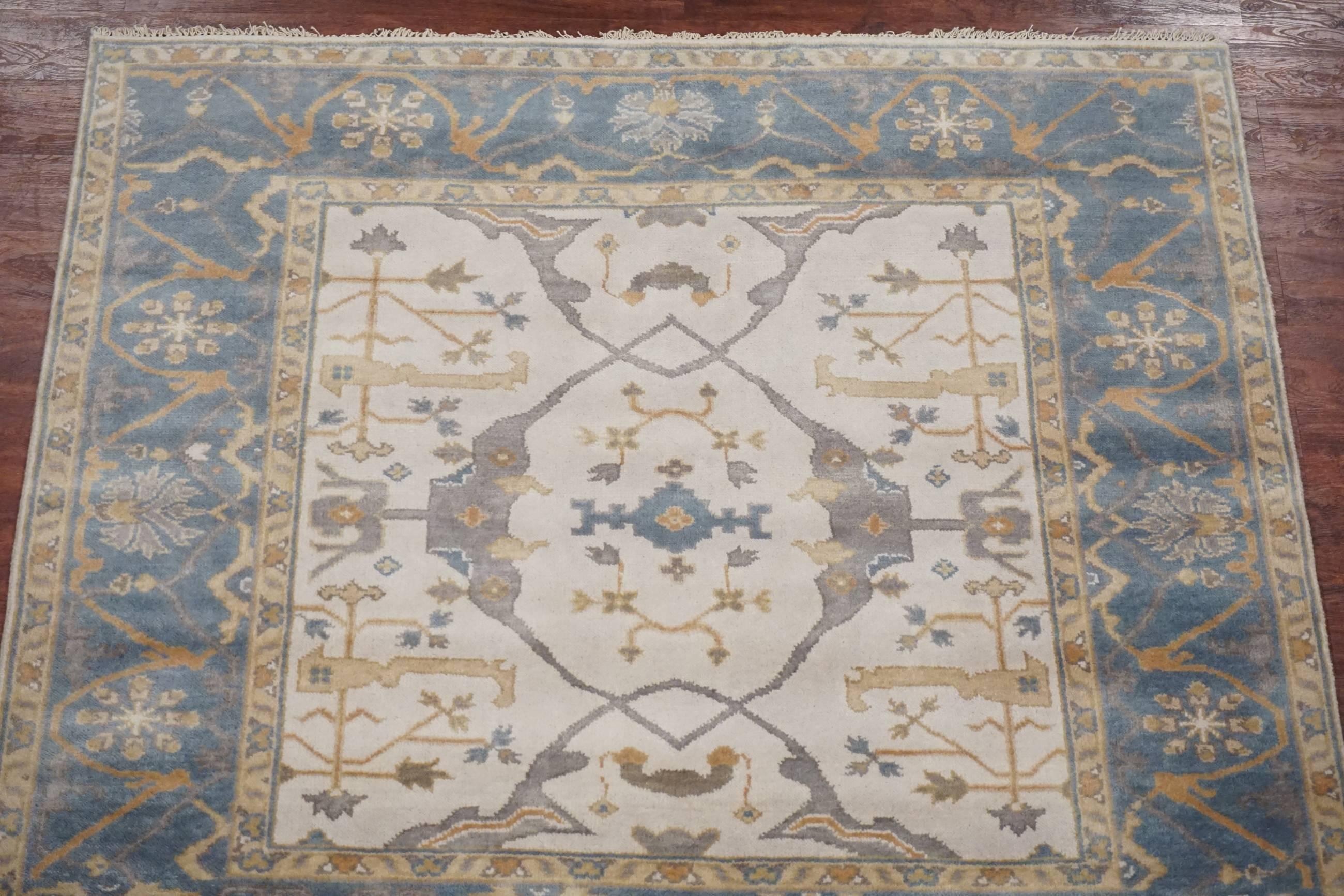 Hand-Knotted Square Ivory Oushak Area Rug For Sale