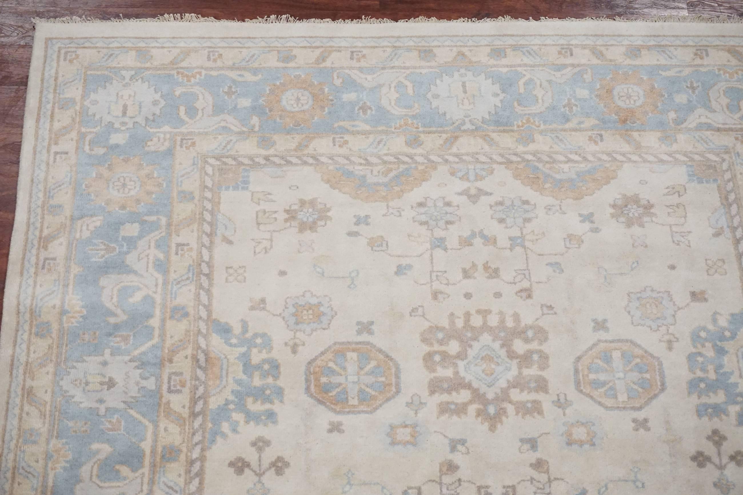 Indian Ivory and Light-Blue Square Oushak Rug For Sale