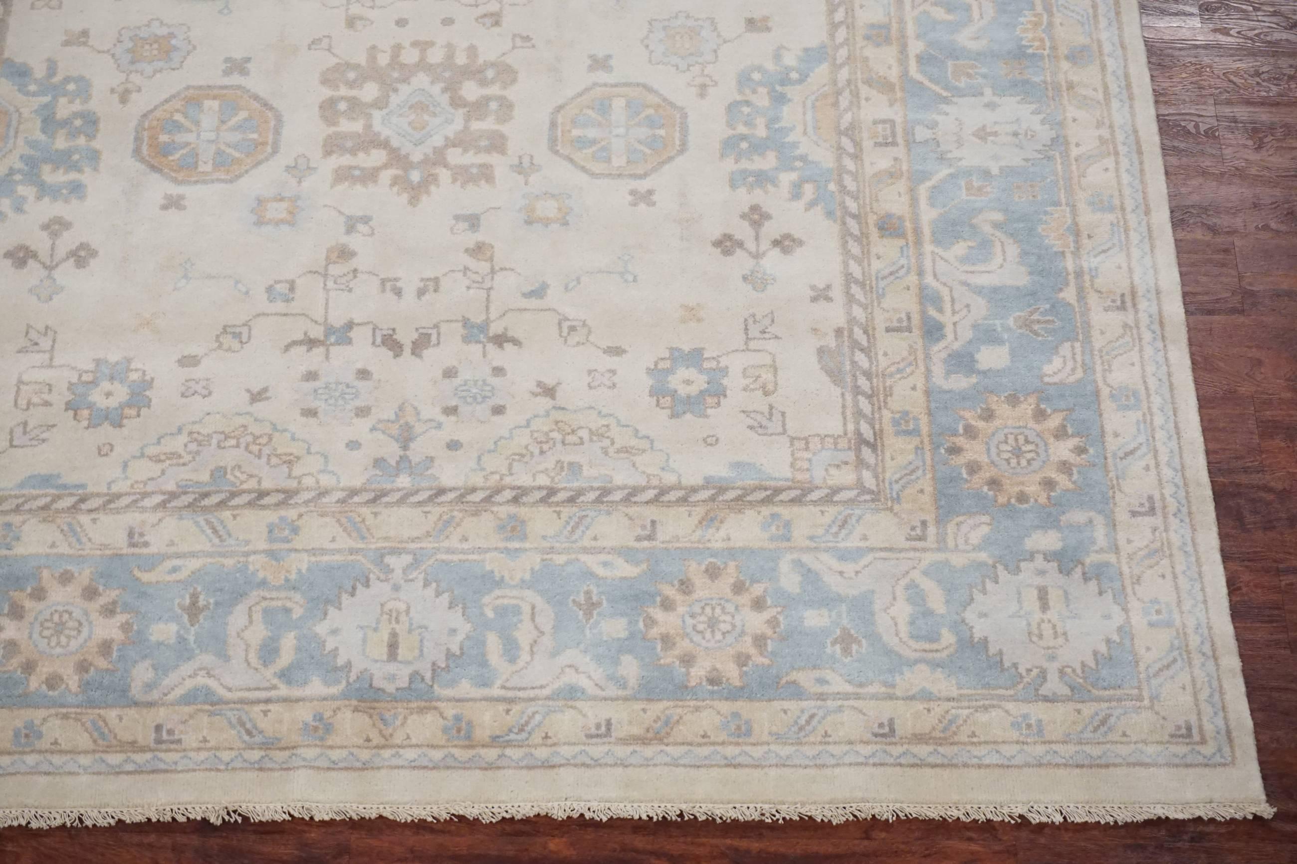 Hand-Knotted Ivory and Light-Blue Square Oushak Rug For Sale