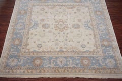 Square Oushak Rug with Light-Blue Border