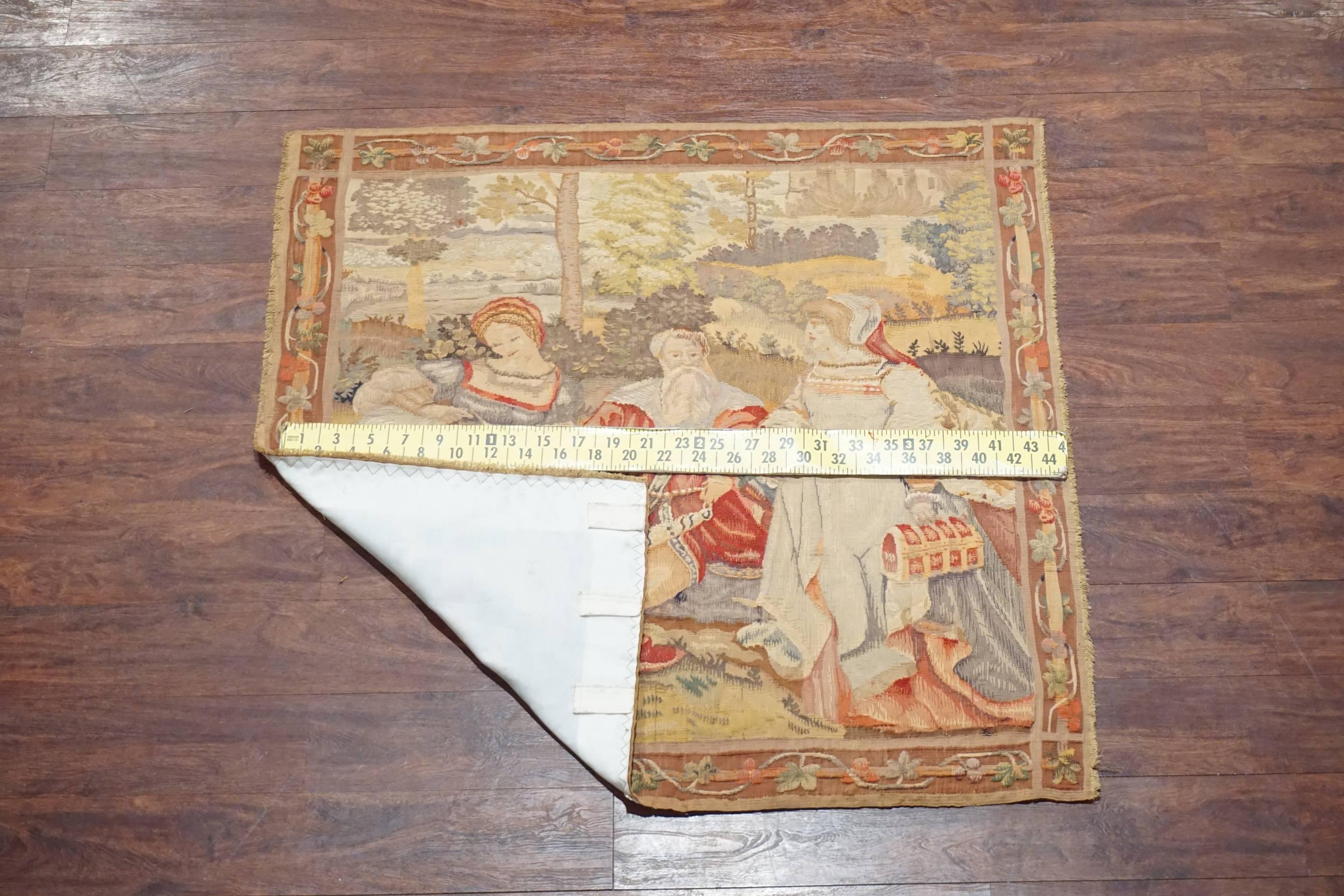 Antique French Tapestry, petit point square wall hanging, picnic scene with floral border. 

Circa 1900

Measures: 4' x 4'

Hand-knotted wool, cotton foundation.
       