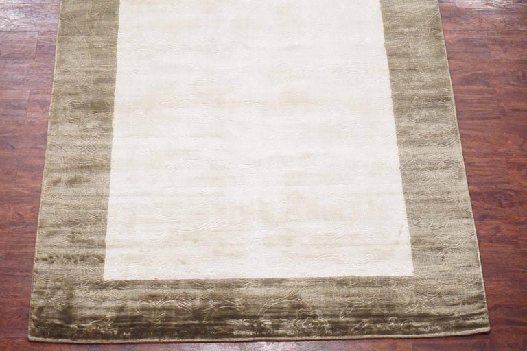 Bordered Contemporary Bamboo Silk Rug with Sculptured Design For Sale