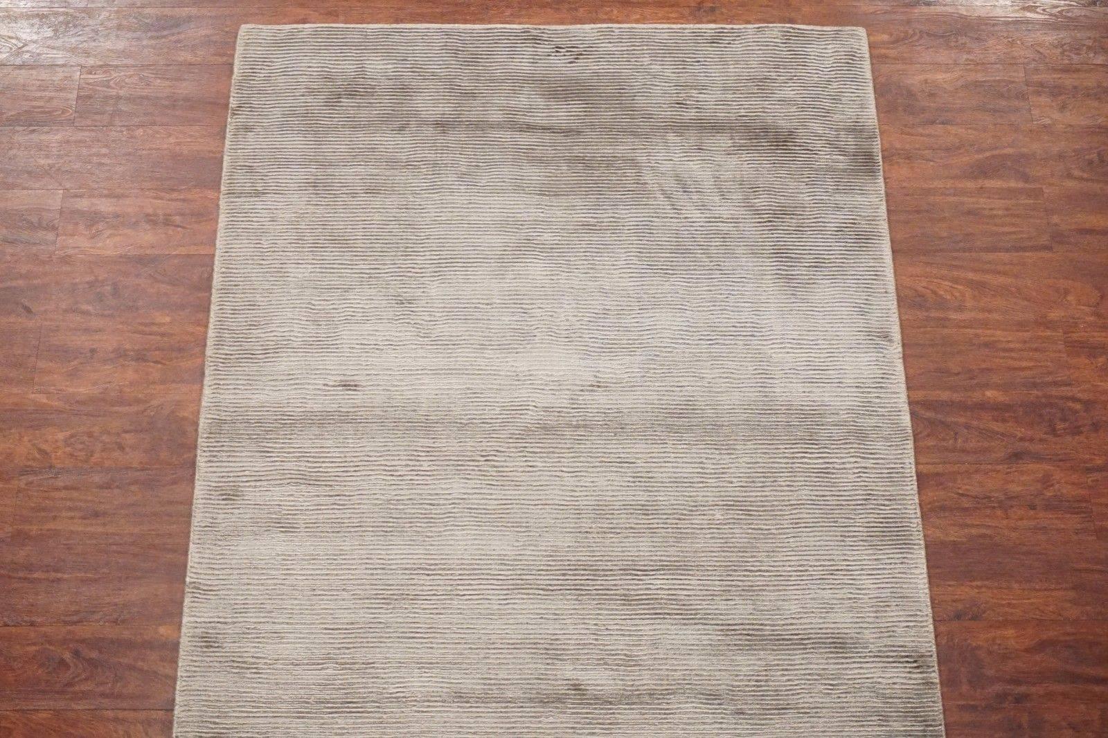 Modern Solid Bamboo Silk Area Rug with Striped Design For Sale