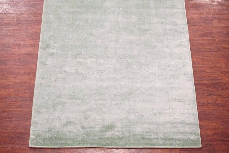 Light Green Bamboo Silk Rug with Sculptured Design For Sale at 1stdibs
