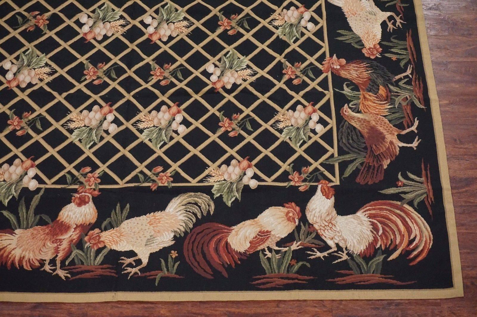 Contemporary Black Needlepoint Rug with Rooster Design