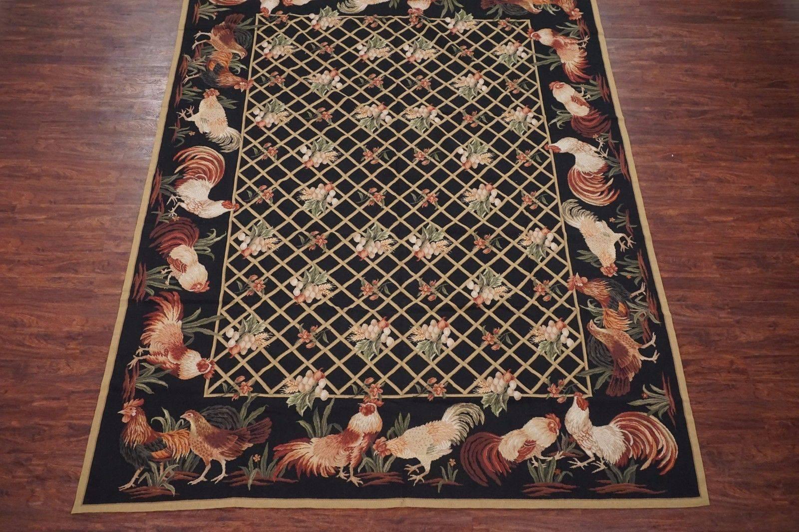 Black Needlepoint Rug with Rooster, Egg, and Floral Design

2010

Measures: 9' x 12' 4