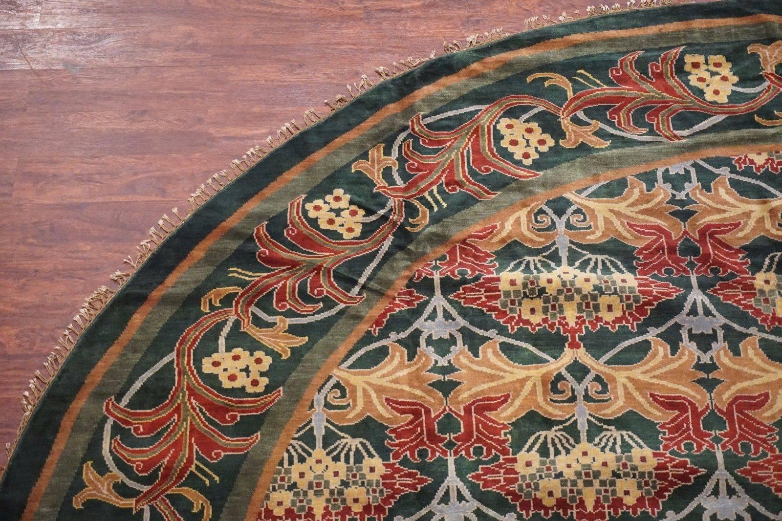 Indian Round Green William Morris Inspired Rug For Sale