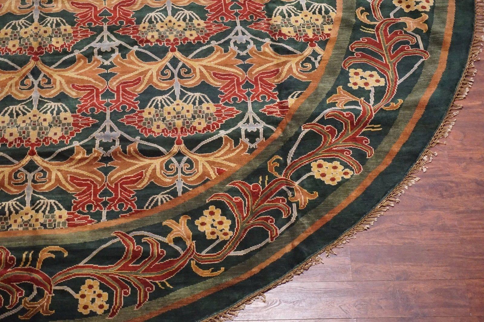 Hand-Knotted Round Green William Morris Inspired Rug For Sale