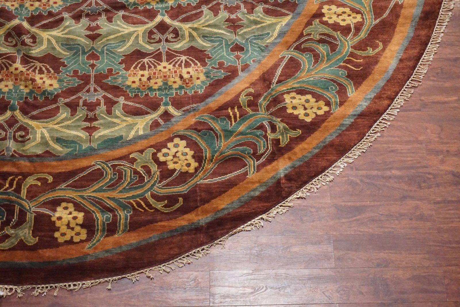 Indian Round Burgundy William Morris Style Rug For Sale