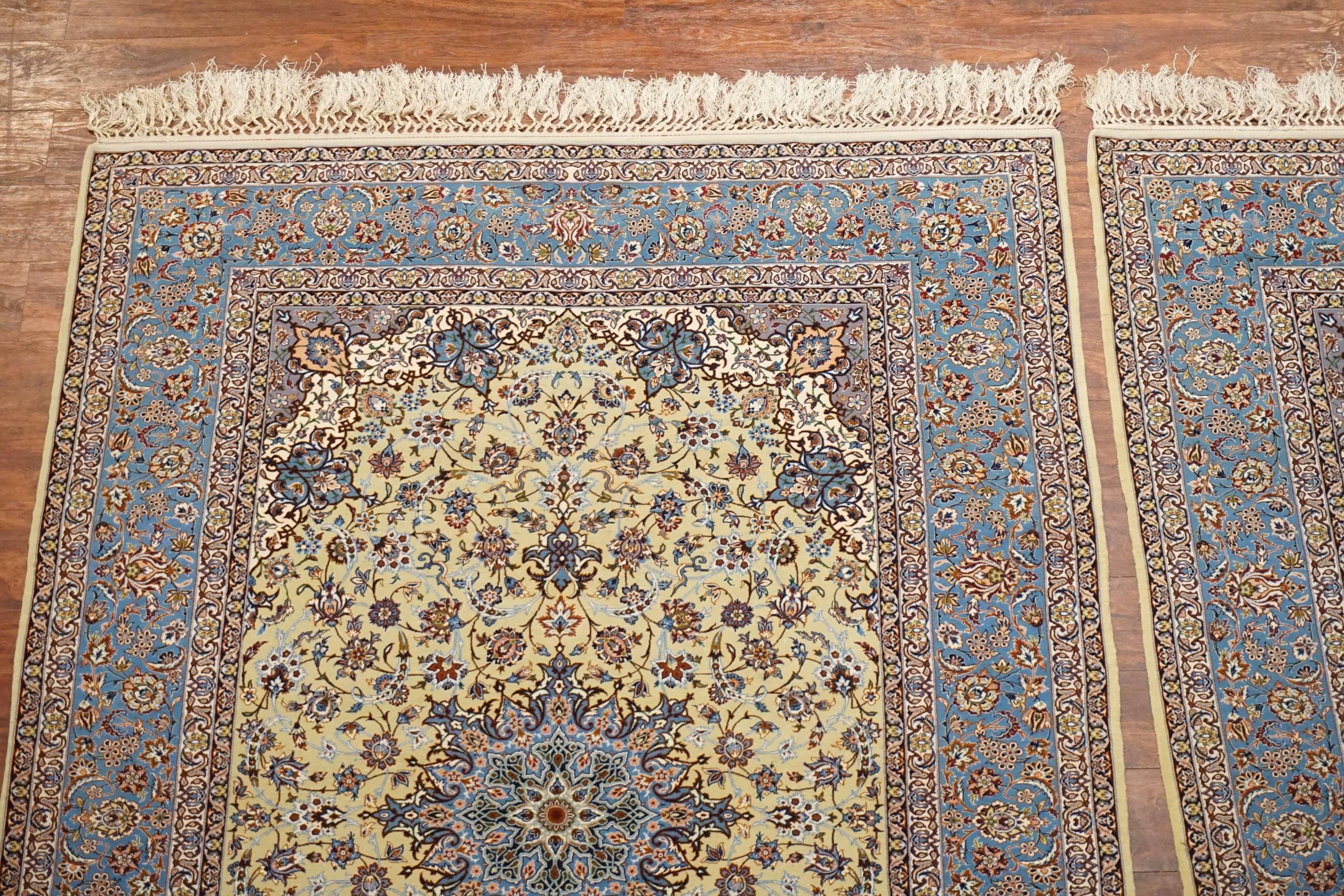 Hand-Knotted Pair of Vintage Wool and Silk Persian Isfahan Rugs For Sale